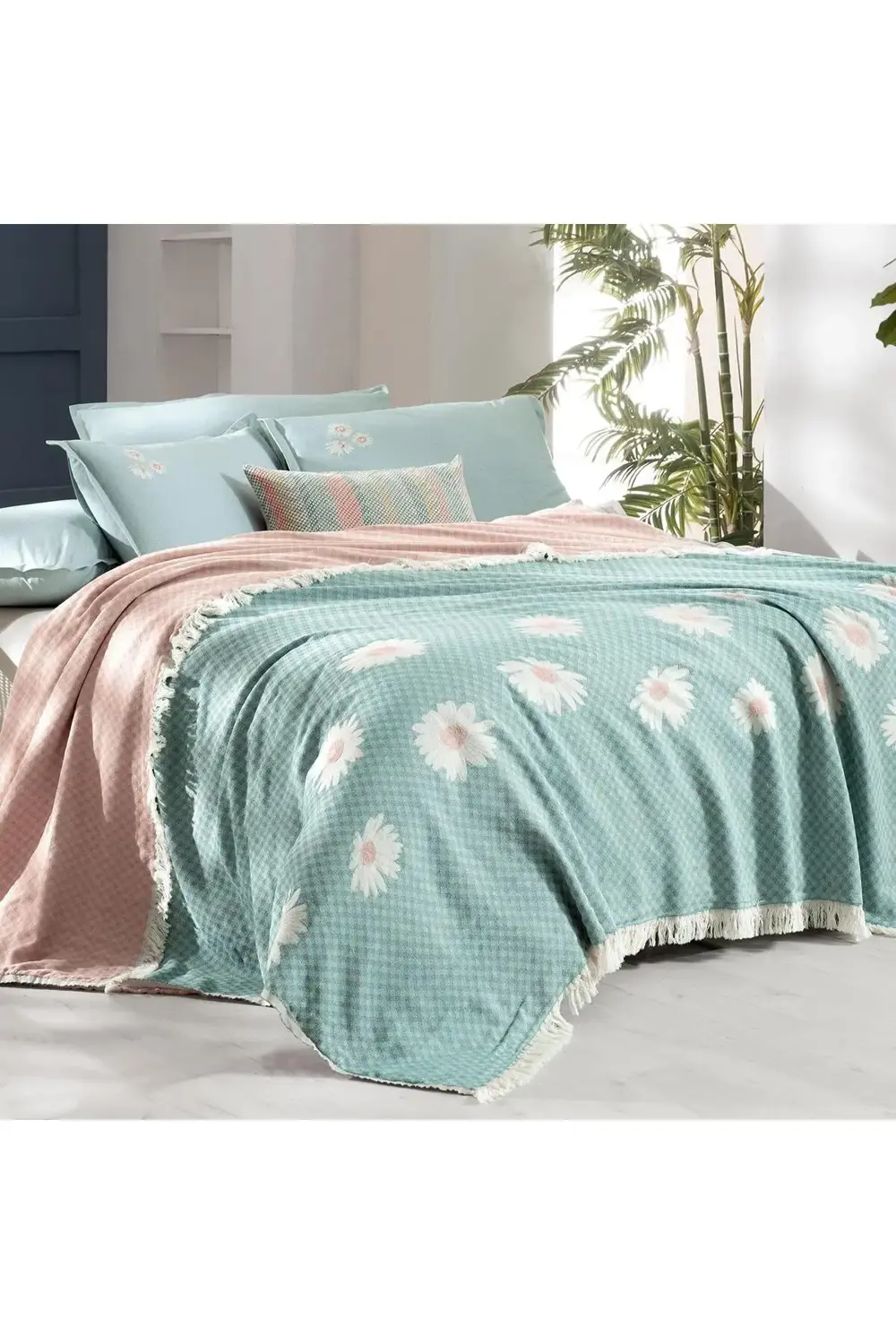 Sarev Berni Yeşil Çift Kişilik %100 Pamuk İpliği Boyalı Pike Takımı