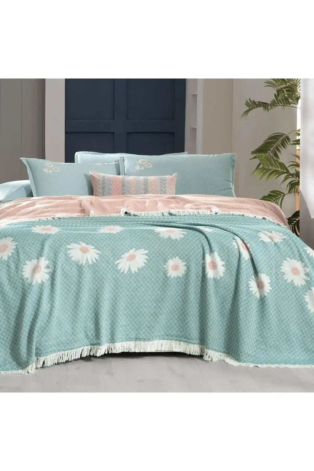 Sarev Berni Yeşil Çift Kişilik %100 Pamuk İpliği Boyalı Pike Takımı