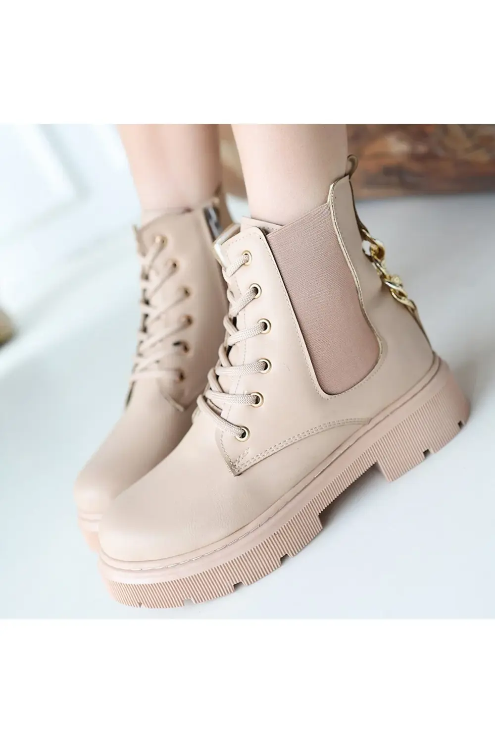 BerniShoes Harte Nude Cilt Bağcıklı Bot