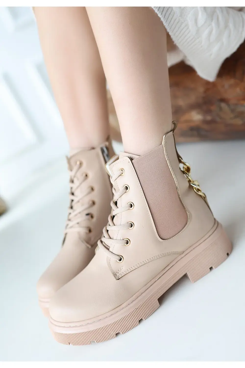 BerniShoes Harte Nude Cilt Bağcıklı Bot