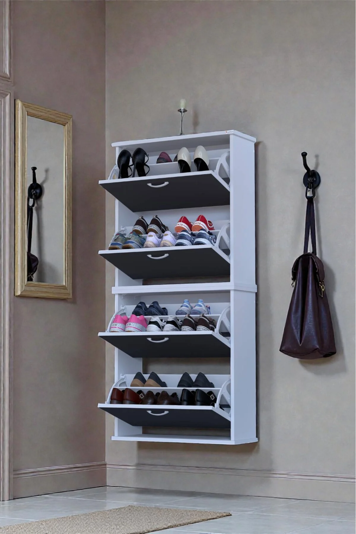 Berrak Antrasit 8 Bölmeli Ayakkabılık 72 cm Genişlikte Duvara Mon