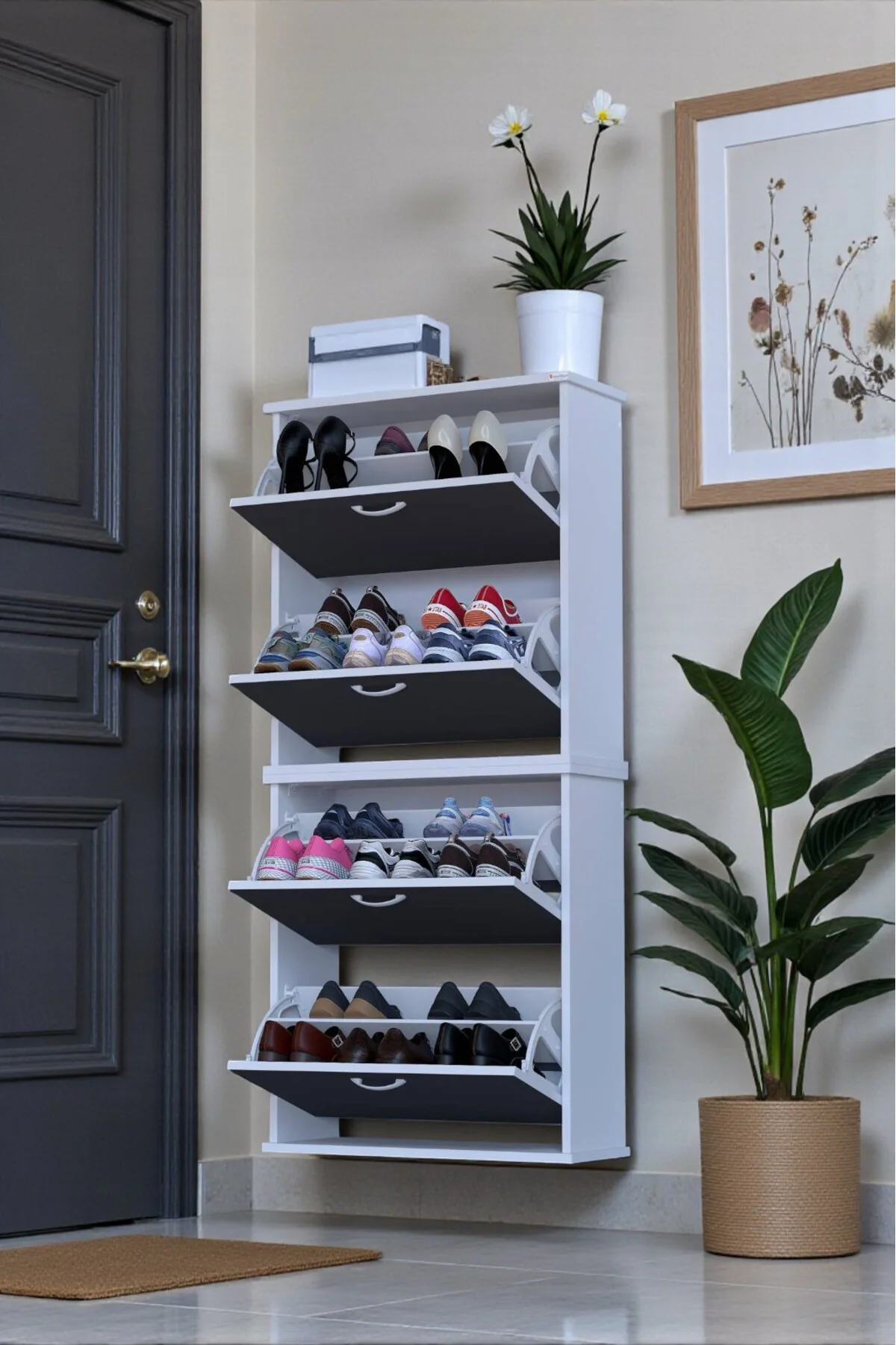 Berrak Antrasit 8 Bölmeli Ayakkabılık 72 cm Genişlikte Duvara Mon