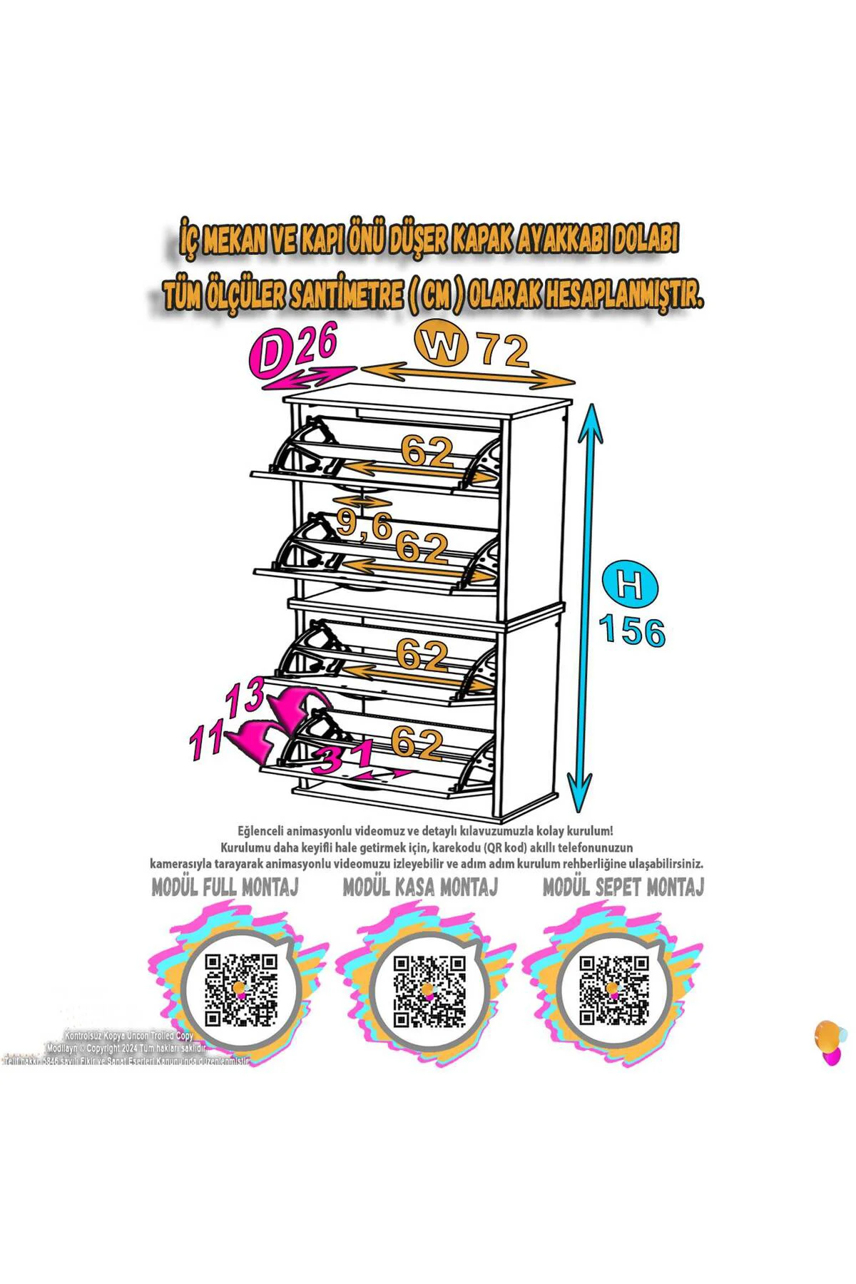 Berrak Antrasit 8 Bölmeli Ayakkabılık 72 cm Genişlikte Duvara Mon