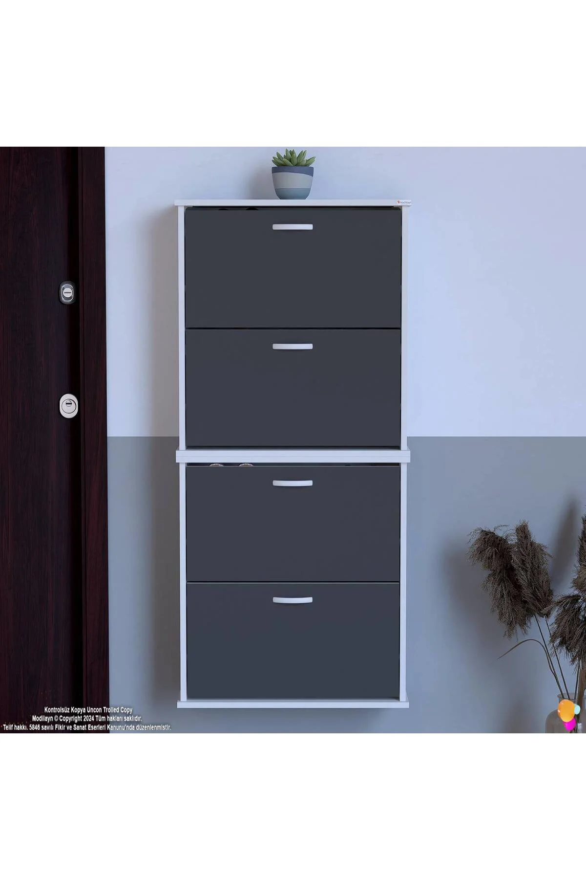 Berrak Antrasit 8 Bölmeli Ayakkabılık 72 cm Genişlikte Duvara Mon