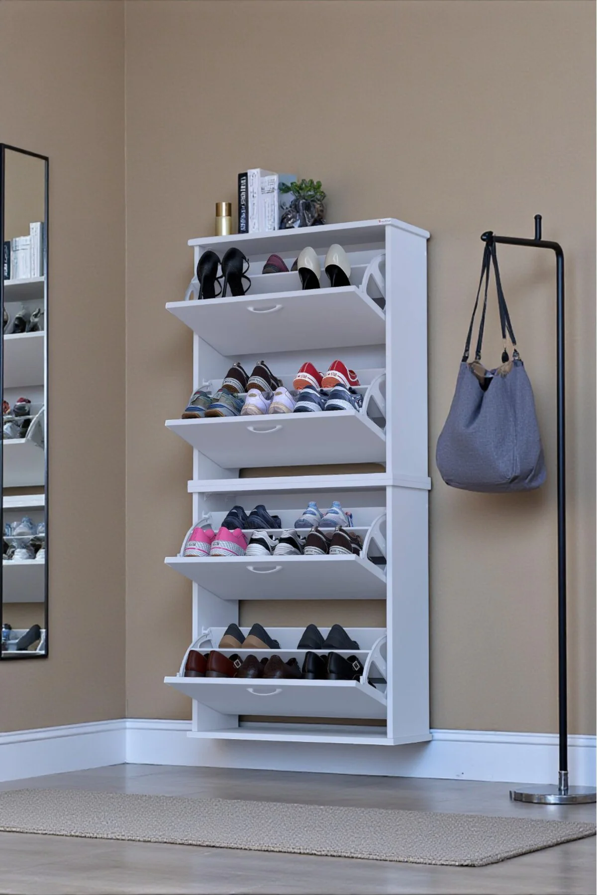 Berrak Beyaz 8 Bölmeli Ayakkabılık 72 cm Genişlikte Duvara Monte 