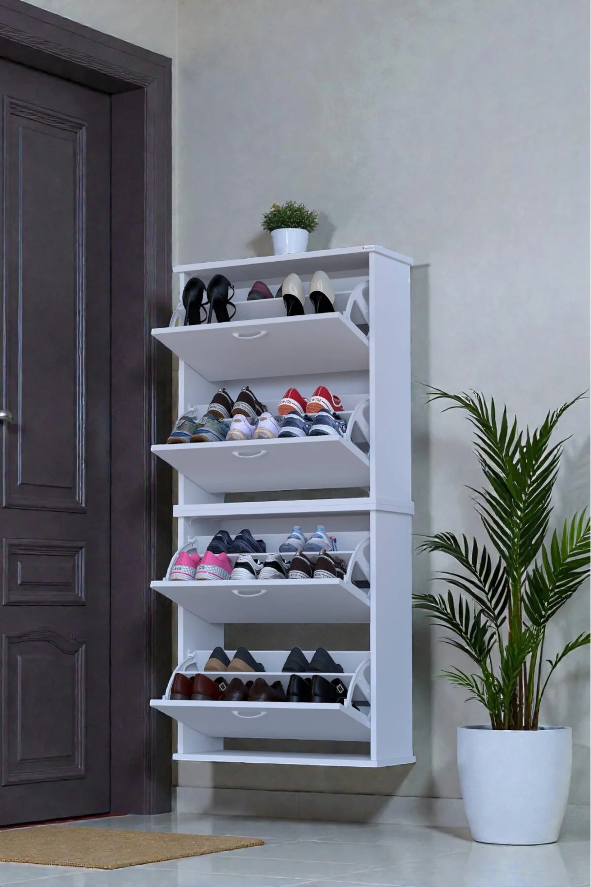 Berrak Beyaz 8 Bölmeli Ayakkabılık 72 cm Genişlikte Duvara Monte 