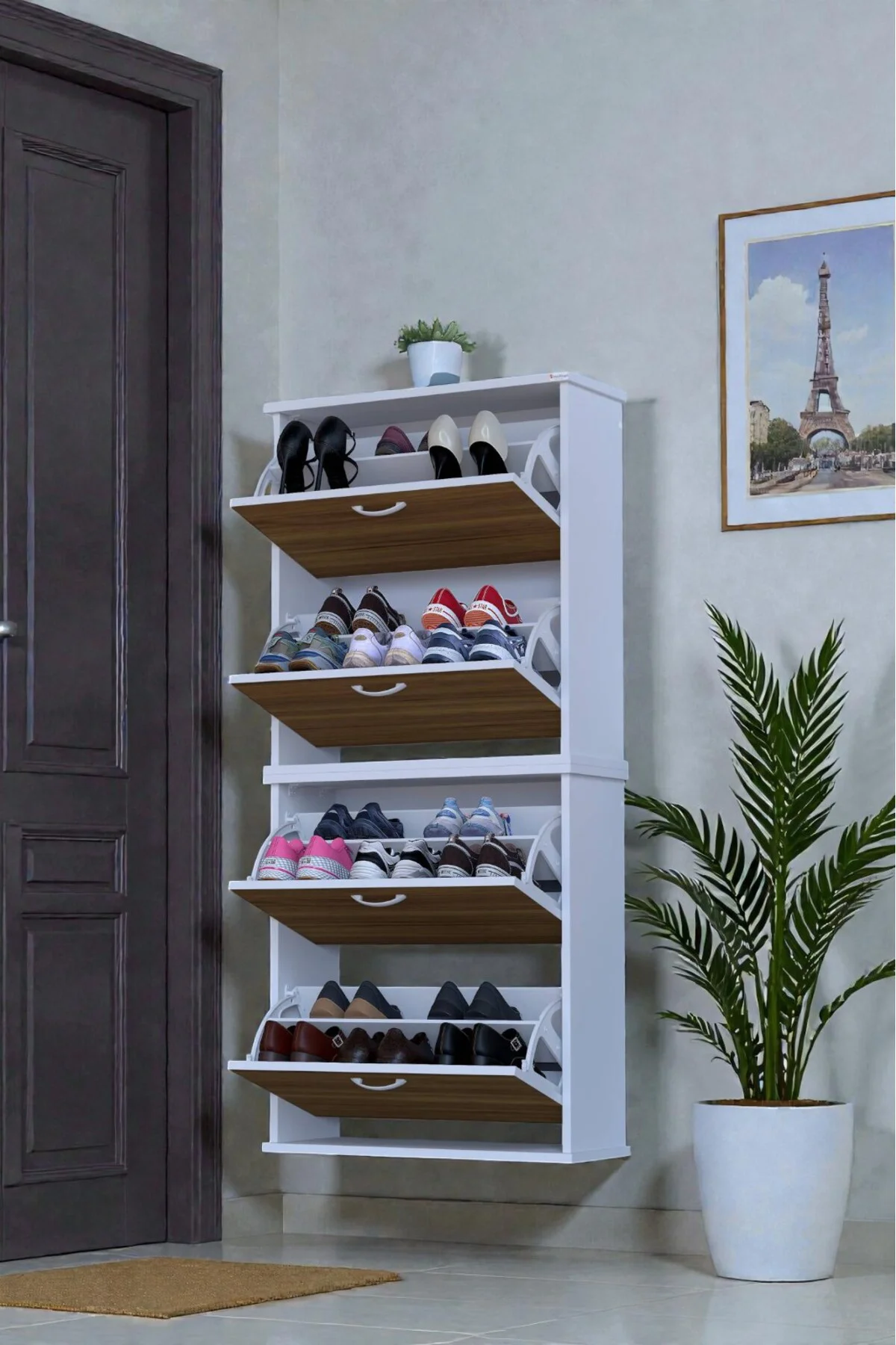 Berrak Ceviz 8 Bölmeli Ayakkabılık 72 cm Genişlikte Duvara Monte 