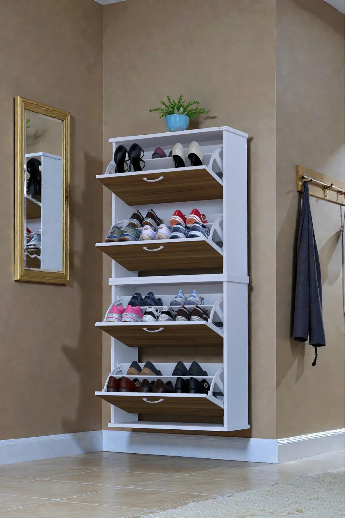 Berrak Ceviz 8 Bölmeli Ayakkabılık 72 cm Genişlikte Duvara Monte 