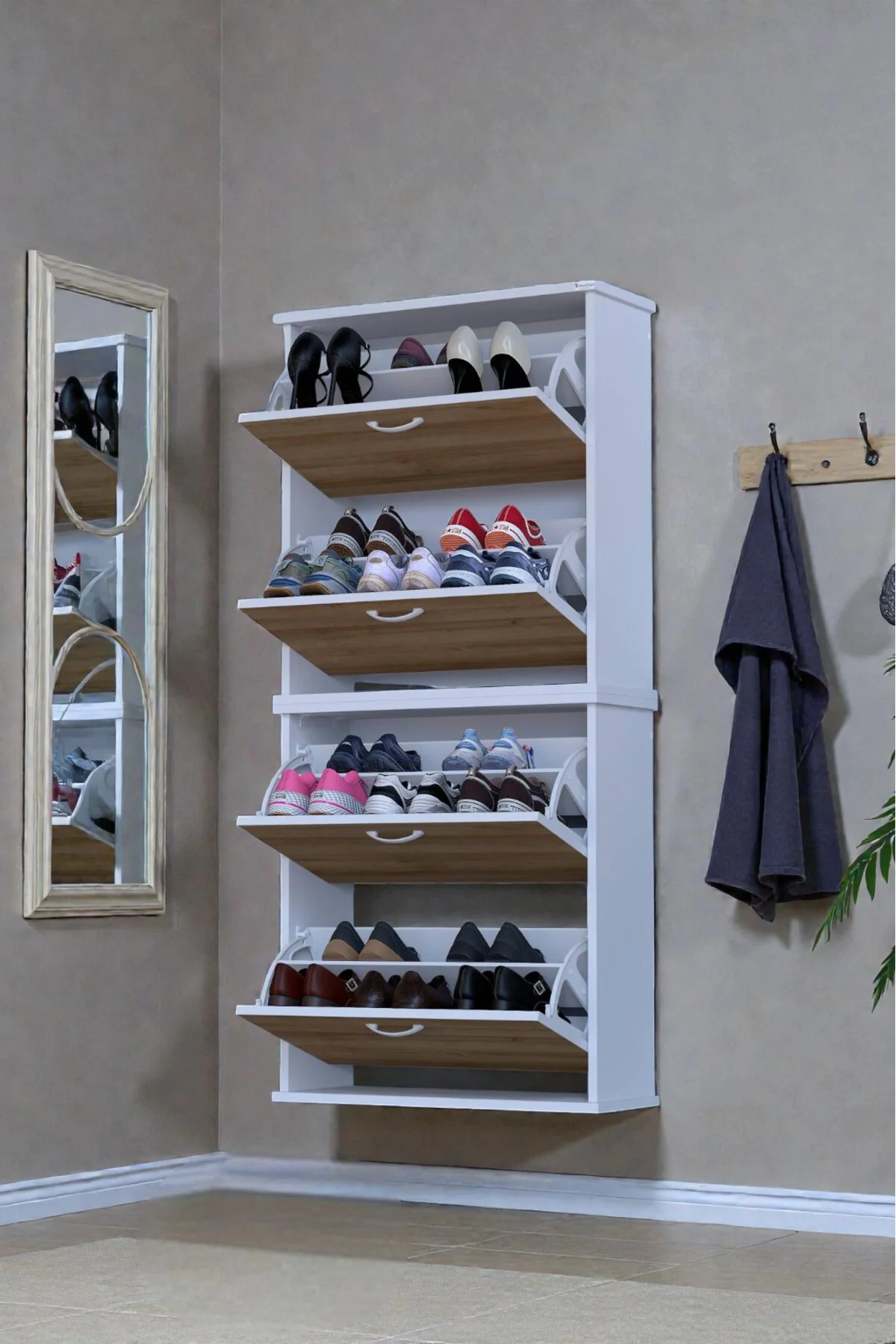 Berrak Meşe 8 Bölmeli Ayakkabılık 72 cm Genişlikte Duvara Monte 7