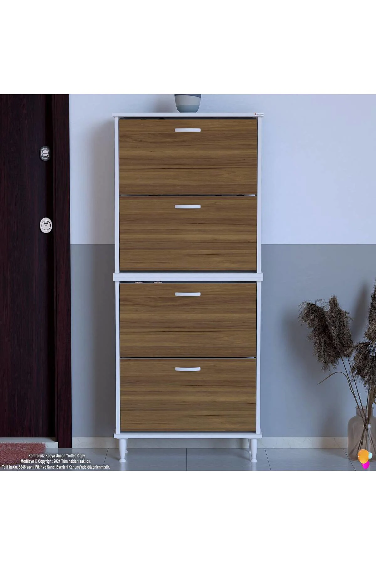 Berry Ceviz 8 Raflı 4 Düşer Kapaklı Ayakkabılık 72 cm Genişlik x 