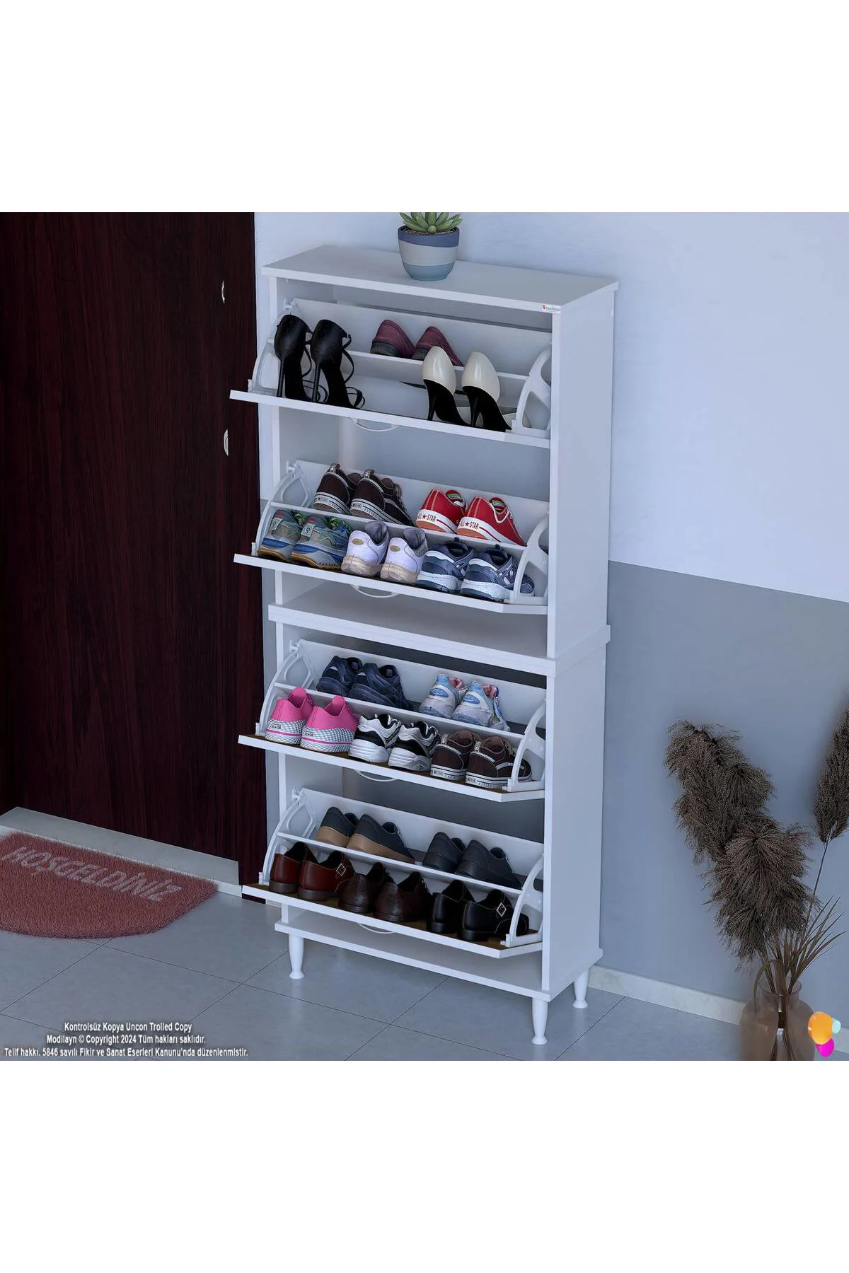 Berry Ceviz 8 Raflı 4 Düşer Kapaklı Ayakkabılık 72 cm Genişlik x 