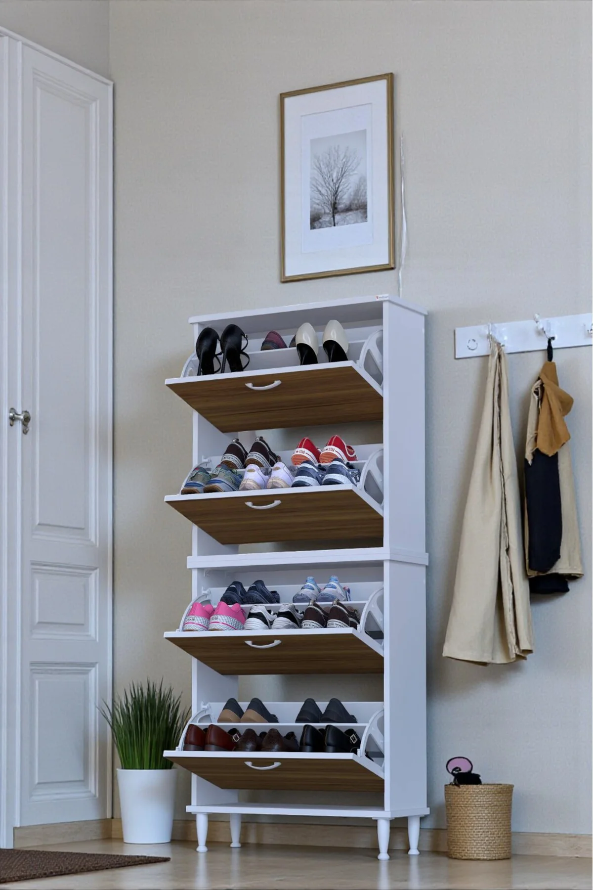 Berry Ceviz 8 Raflı 4 Düşer Kapaklı Ayakkabılık 72 cm Genişlik x 