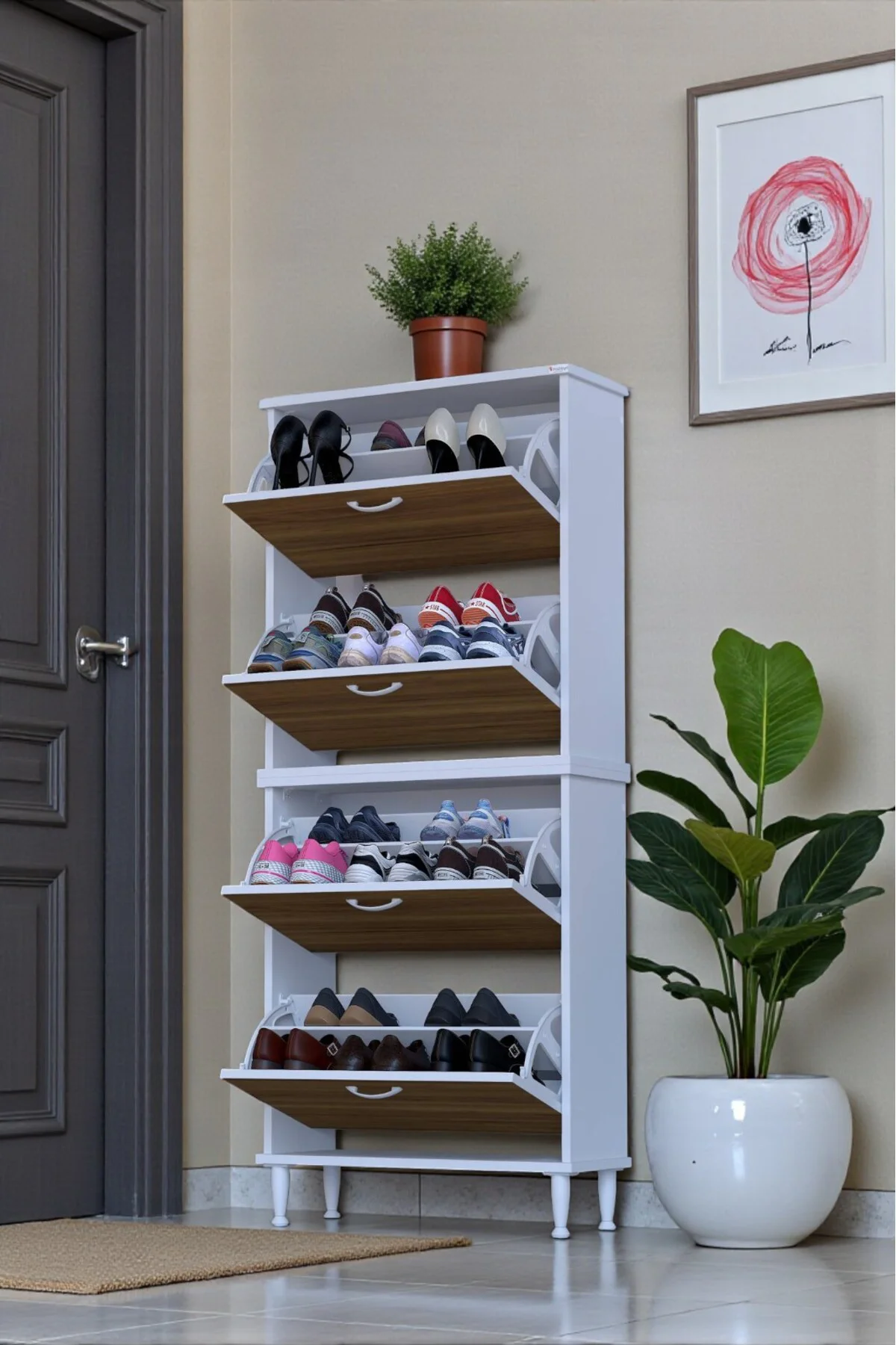 Berry Ceviz 8 Raflı 4 Düşer Kapaklı Ayakkabılık 72 cm Genişlik x 