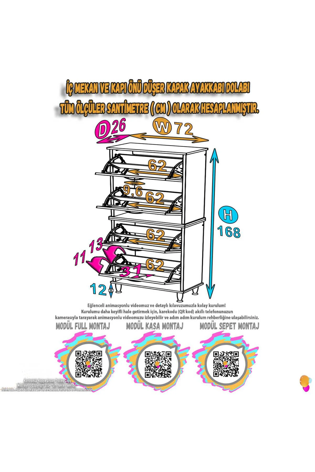 Berry Cordoba 8 Raflı 4 Düşer Kapaklı Ayakkabılık 72 cm Genişlik 