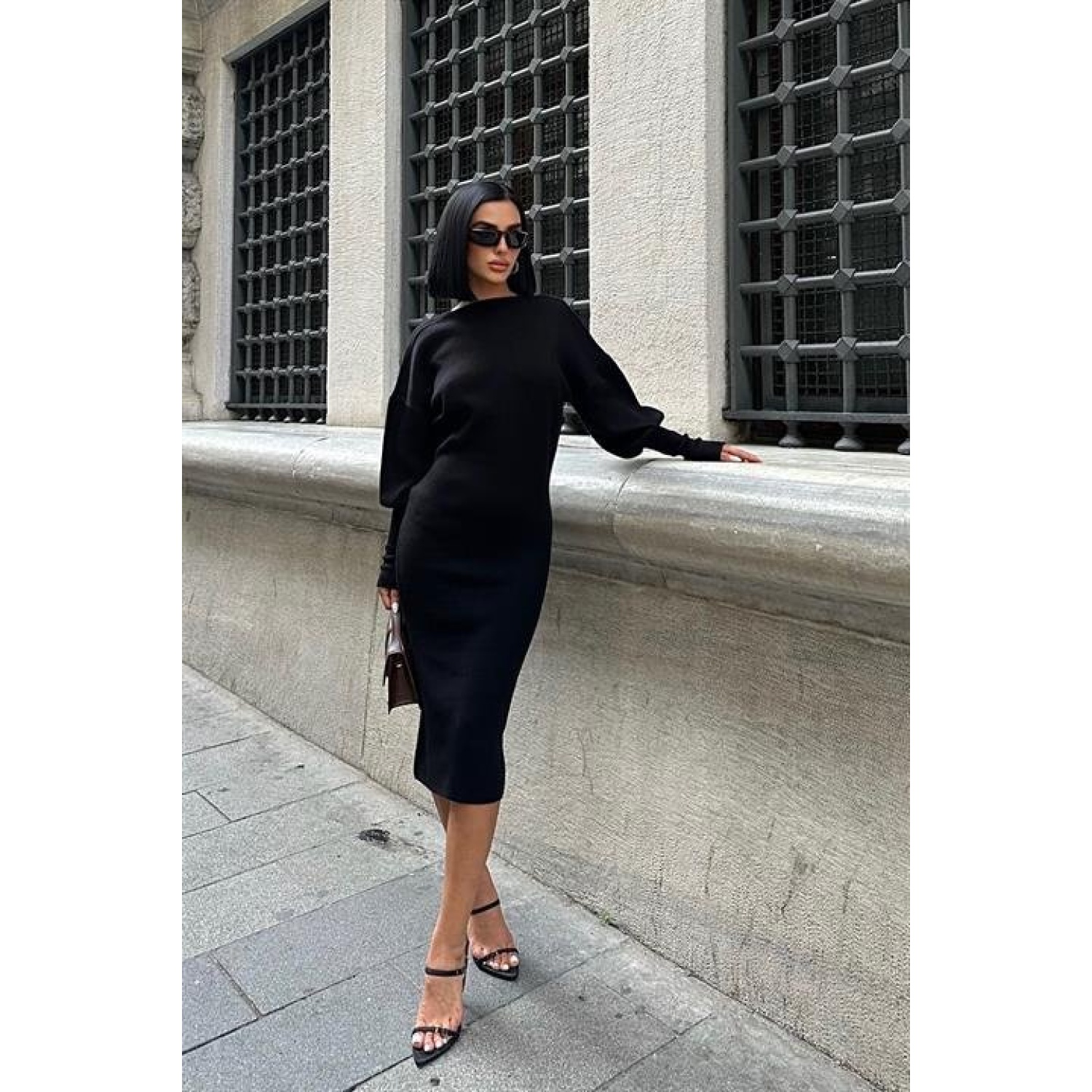 Bert Sırt Dekolteli Balon Kol Midi Triko Elbise Bert Sırt Dekolteli Balon Kol Midi Triko Elbise