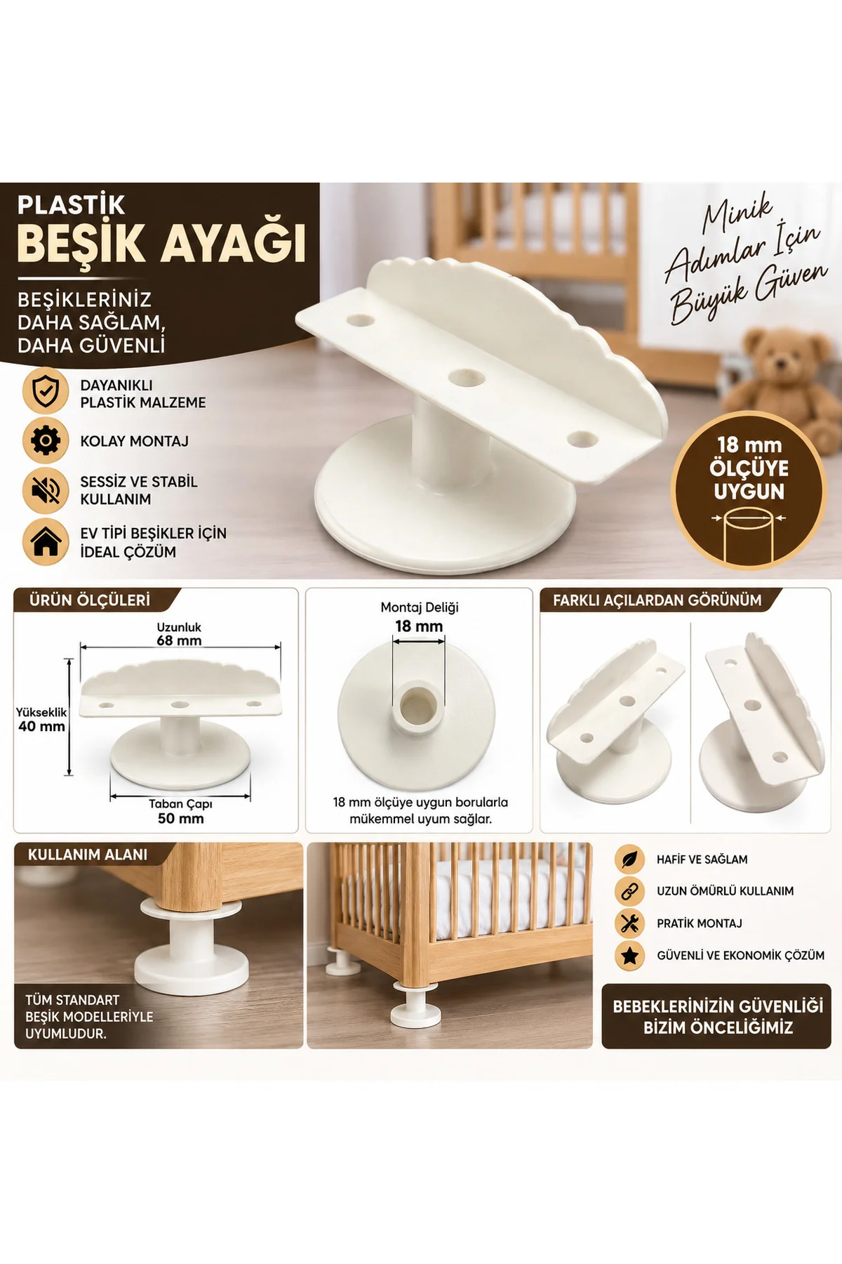 Beşik Ayağı Plastik Beyaz 4 Adet '' 18 mm '' Beşik Ayağı Plastik Beyaz 4 Adet '' 18 mm ''