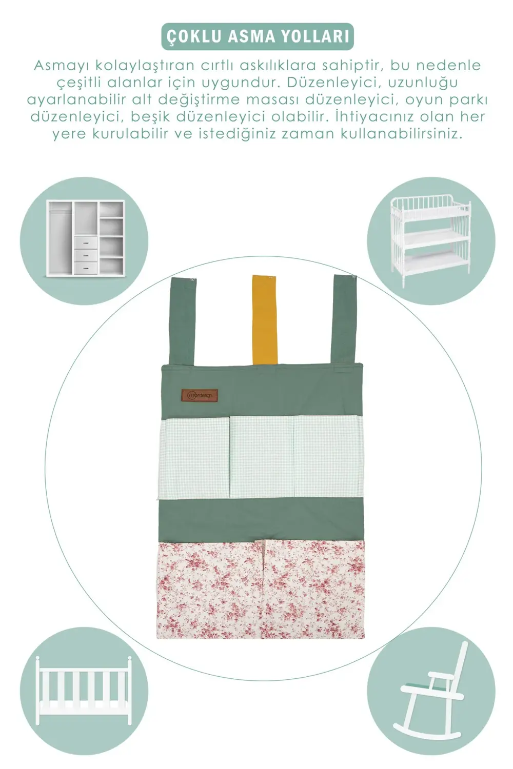 Beşik Yanı Düzenleyici, 5 Cepli Bebek Odası Organizeri, Cırtlı As