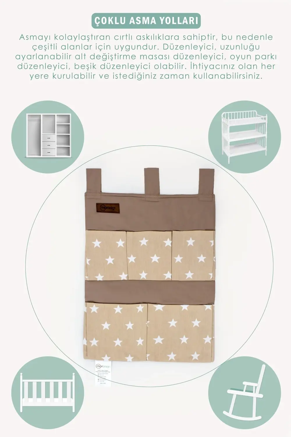 Beşik Yanı Düzenleyici, 5 Cepli Bebek Odası Organizeri, Cırtlı As