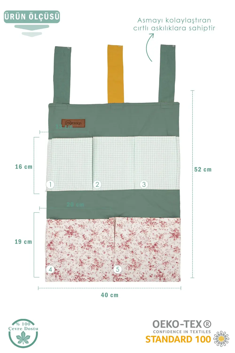 Beşik Yanı Düzenleyici, 5 Cepli Bebek Odası Organizeri, Cırtlı As