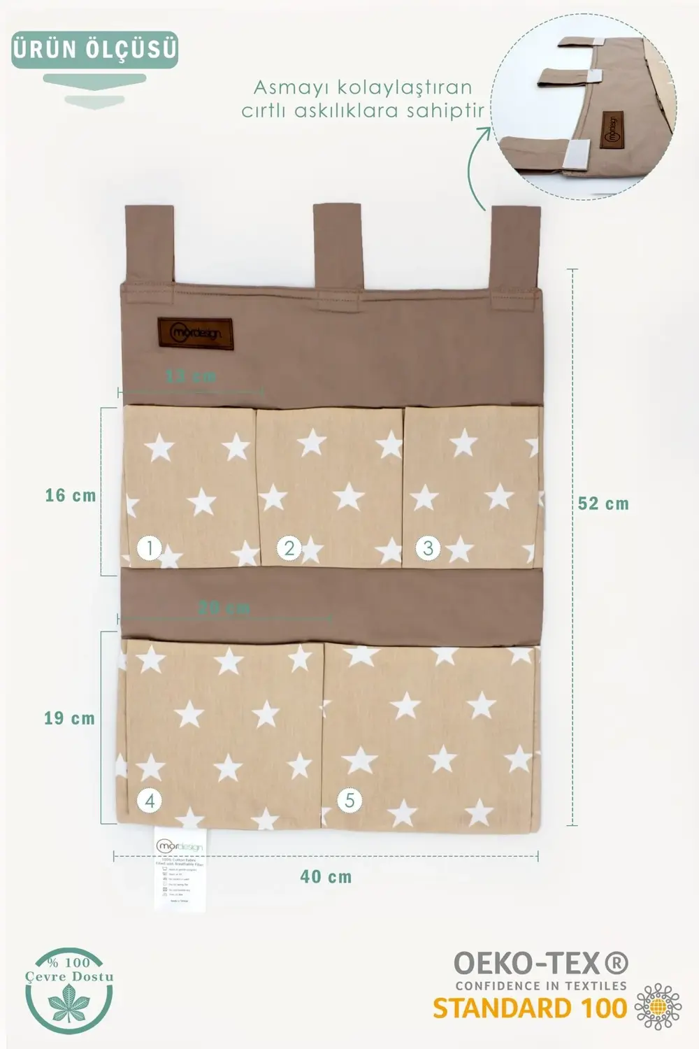 Beşik Yanı Düzenleyici, 5 Cepli Bebek Odası Organizeri, Cırtlı As