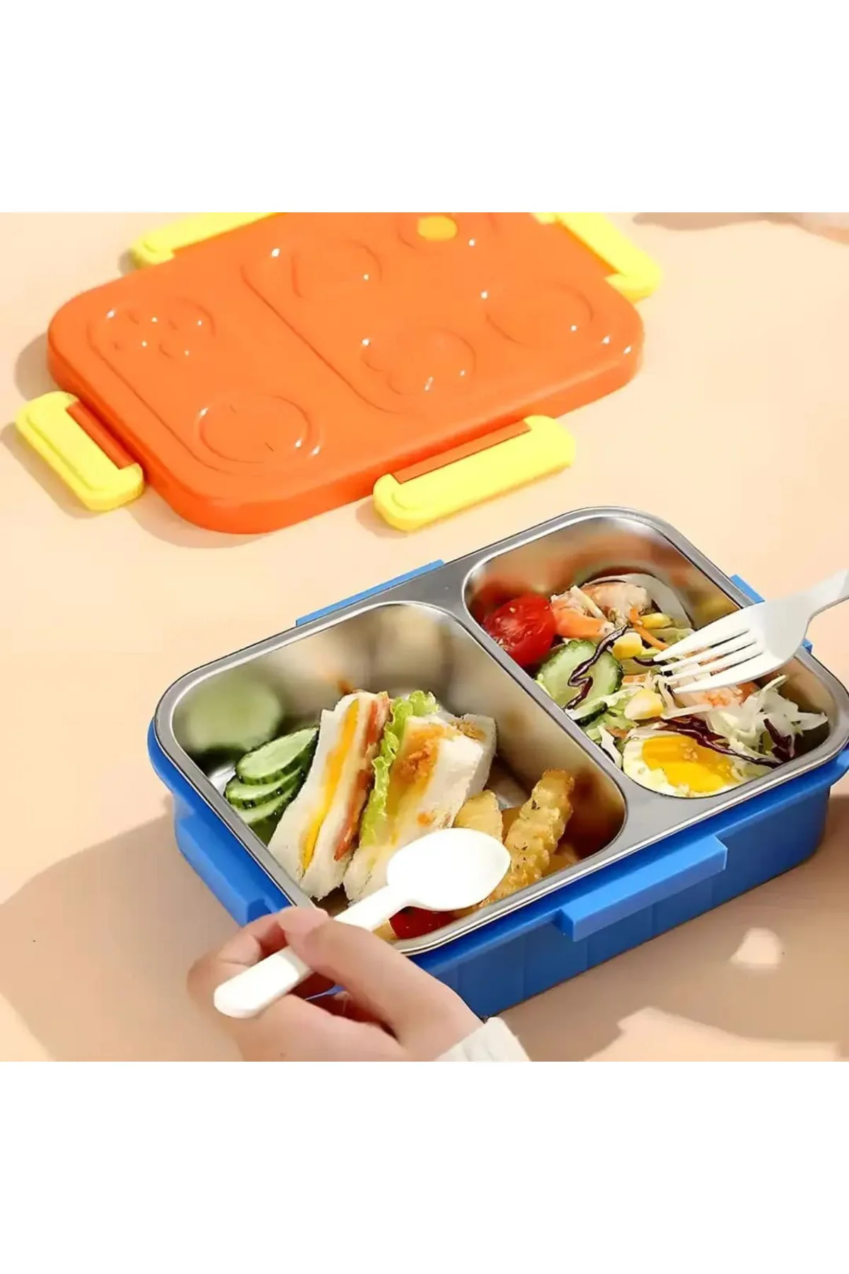 Beslenme Kutusu Paslanmaz Çelik - 880 ml 2 Bölmeli Renkli Desenli