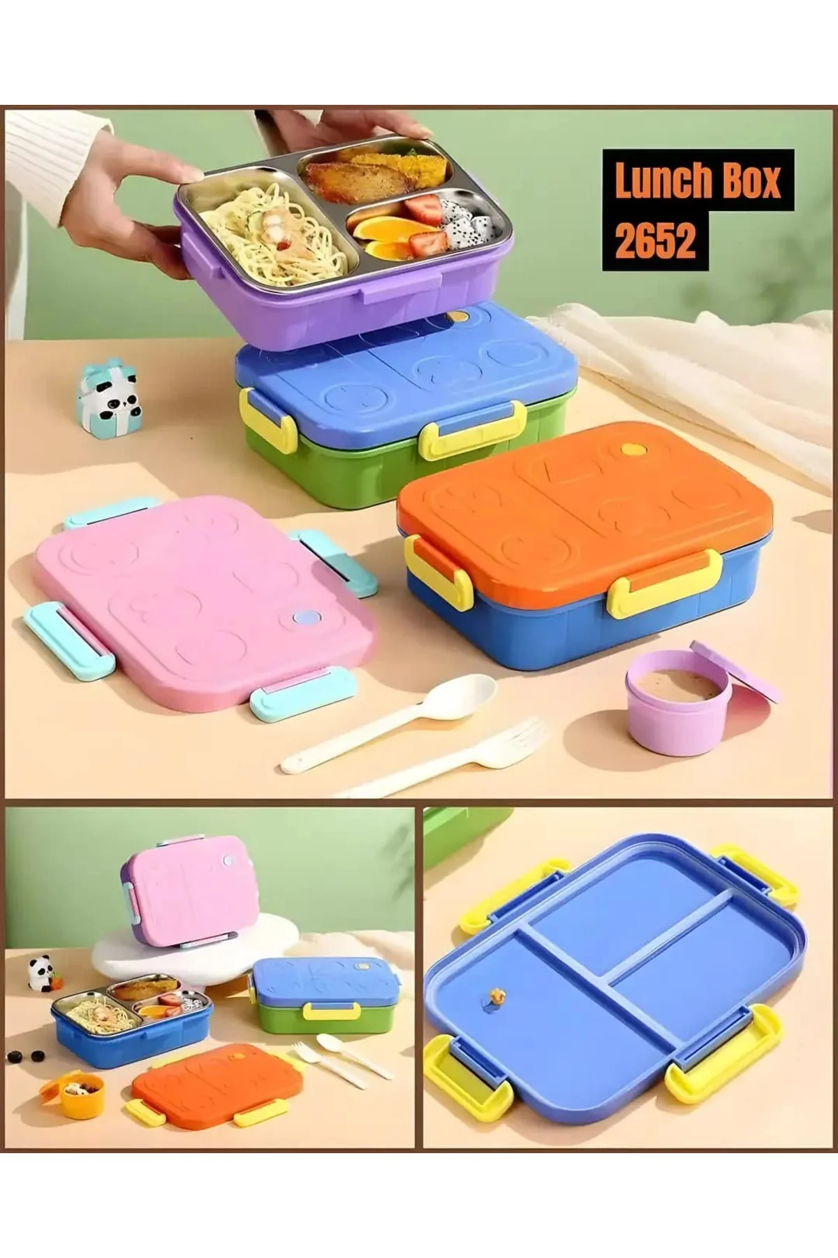 Beslenme Kutusu Paslanmaz Çelik - 830 ml 3 Bölmeli Renkli Desenli