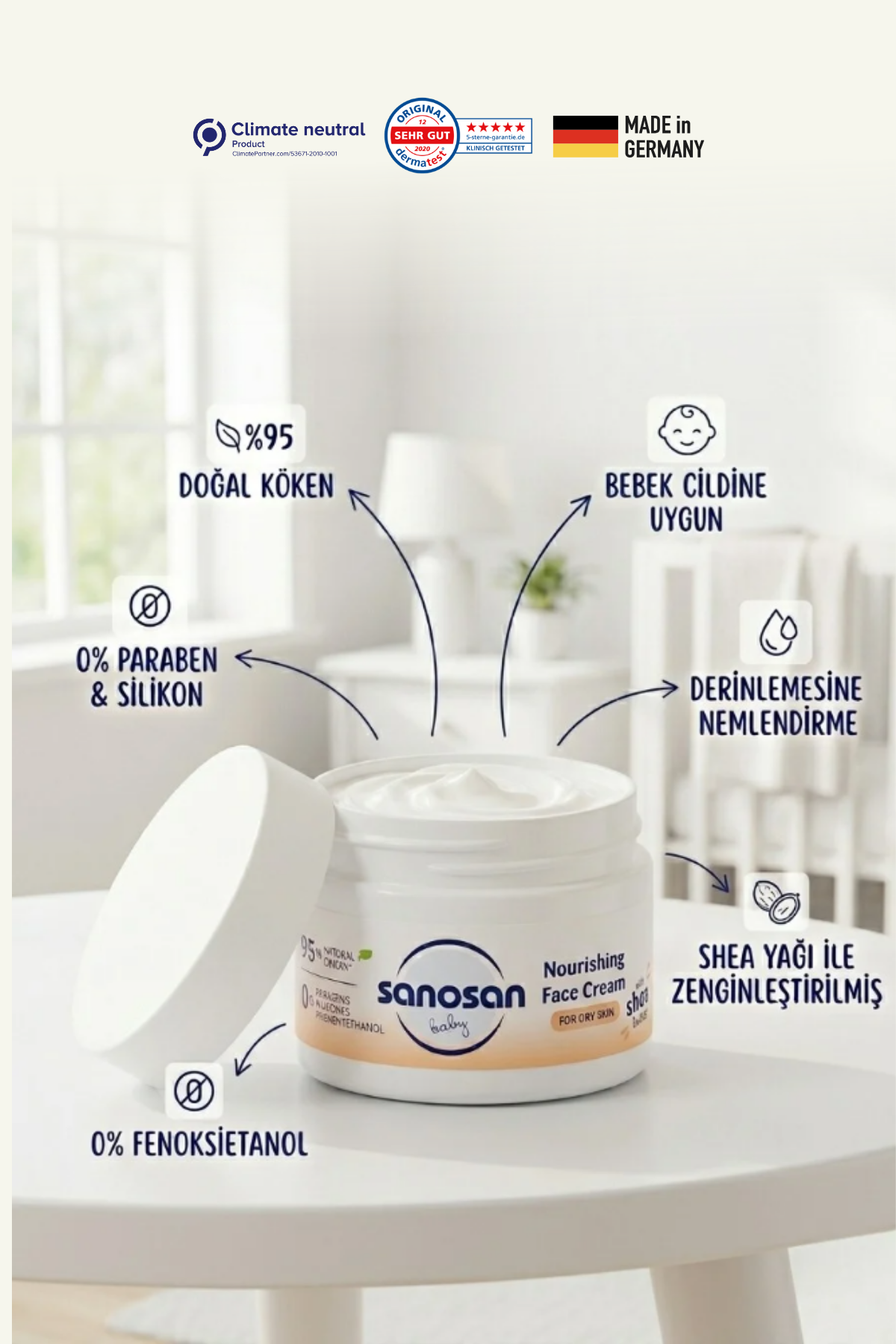 Besleyici Bebek Yüz Kremi 50 ml – Shea Yağı ve Panthenollü Kuru Cilt Bakım Kremi