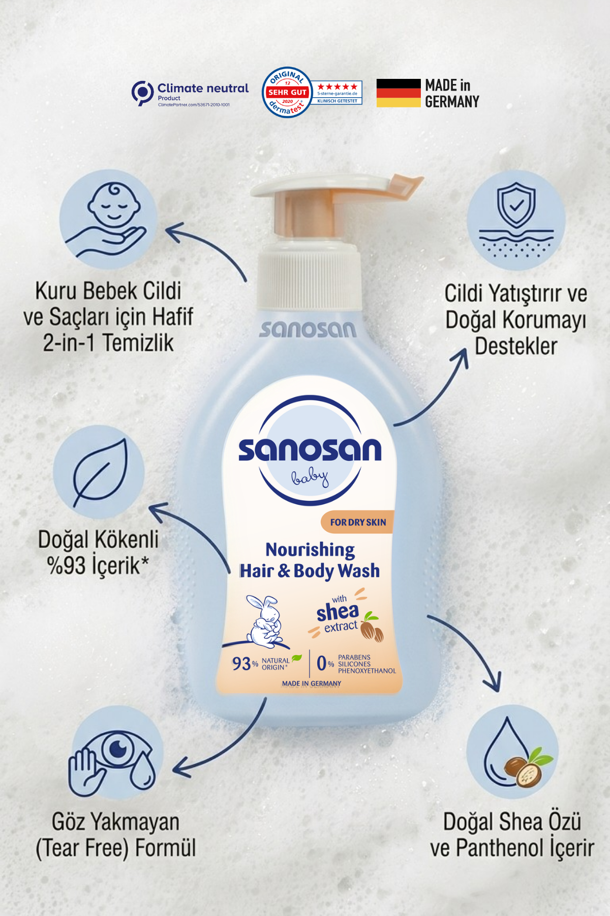Besleyici Bebek Saç ve Vücut Şampuanı 200 ml – Shea Özlü ve Panthenollü Nemlendirici Bakım