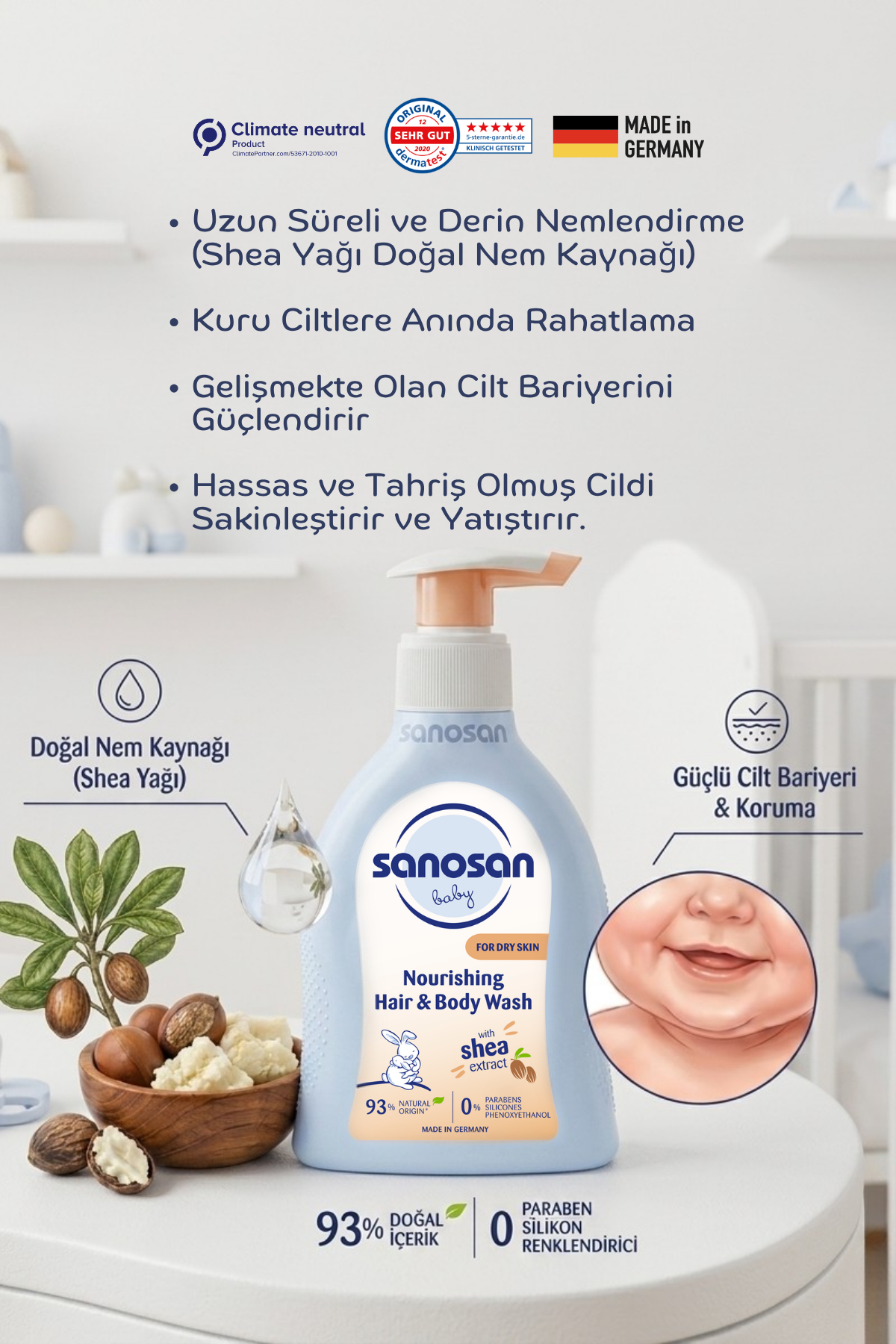 Besleyici Bebek Saç ve Vücut Şampuanı 200 ml – Shea Özlü ve Panthenollü Nemlendirici Bakım
