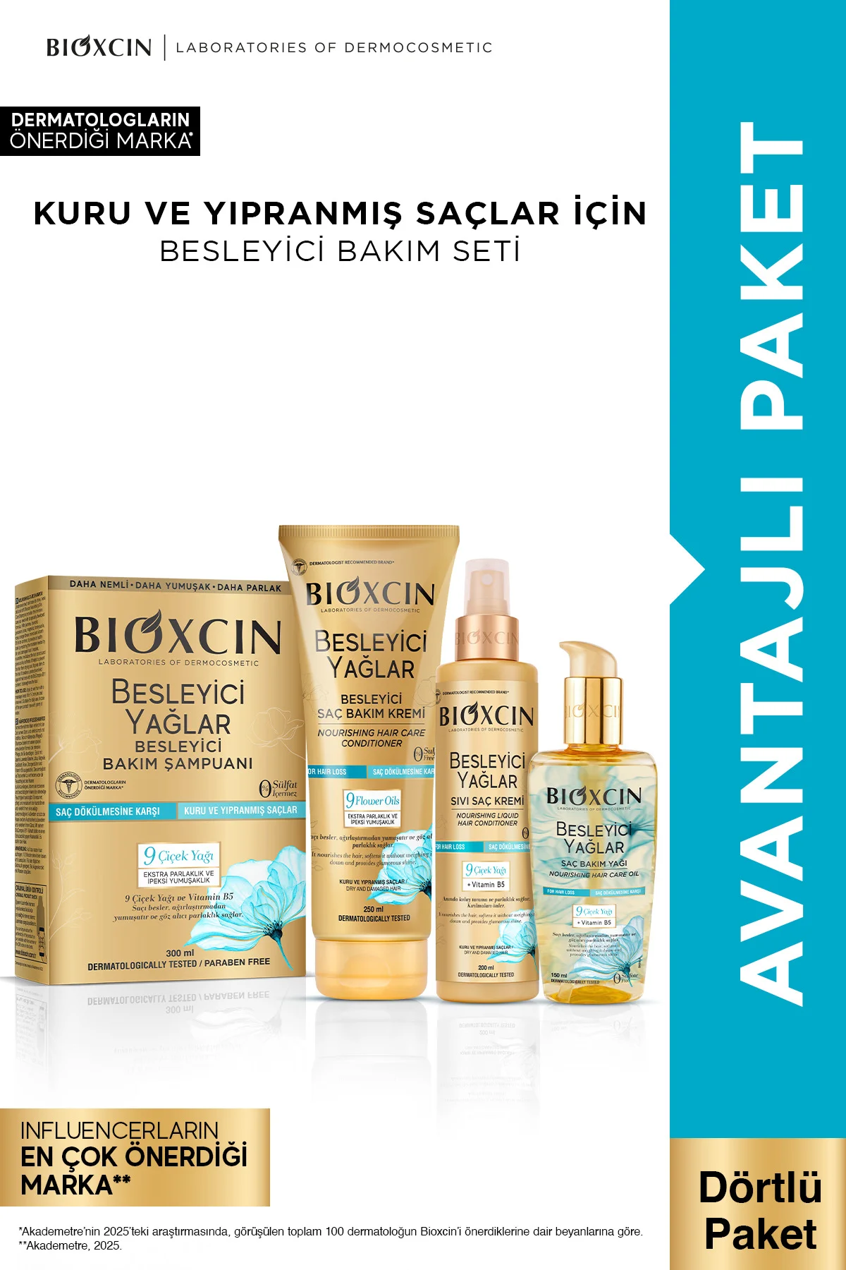 Besleyici Yağlar Bakım Şampuanı 300ml+Saç Bakım Yağı 150ml+Saç Bakım Kremi + Sıvı Saç Kremi