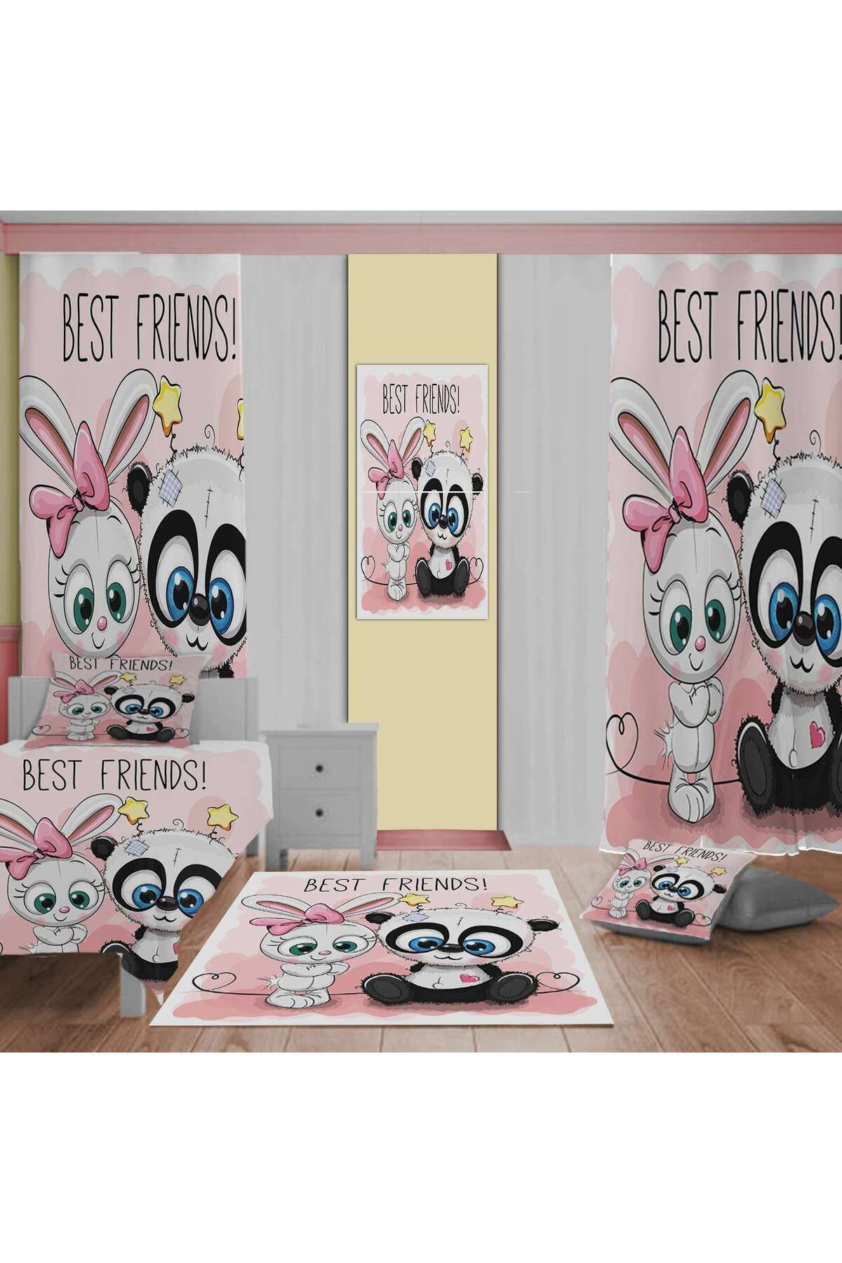 Evan Home Best Friends Desenli Çocuk Odası Takım Perde (İki Kanat),Yatak Örtüsü,Yastık,Kırlent ,Halı,Tablo