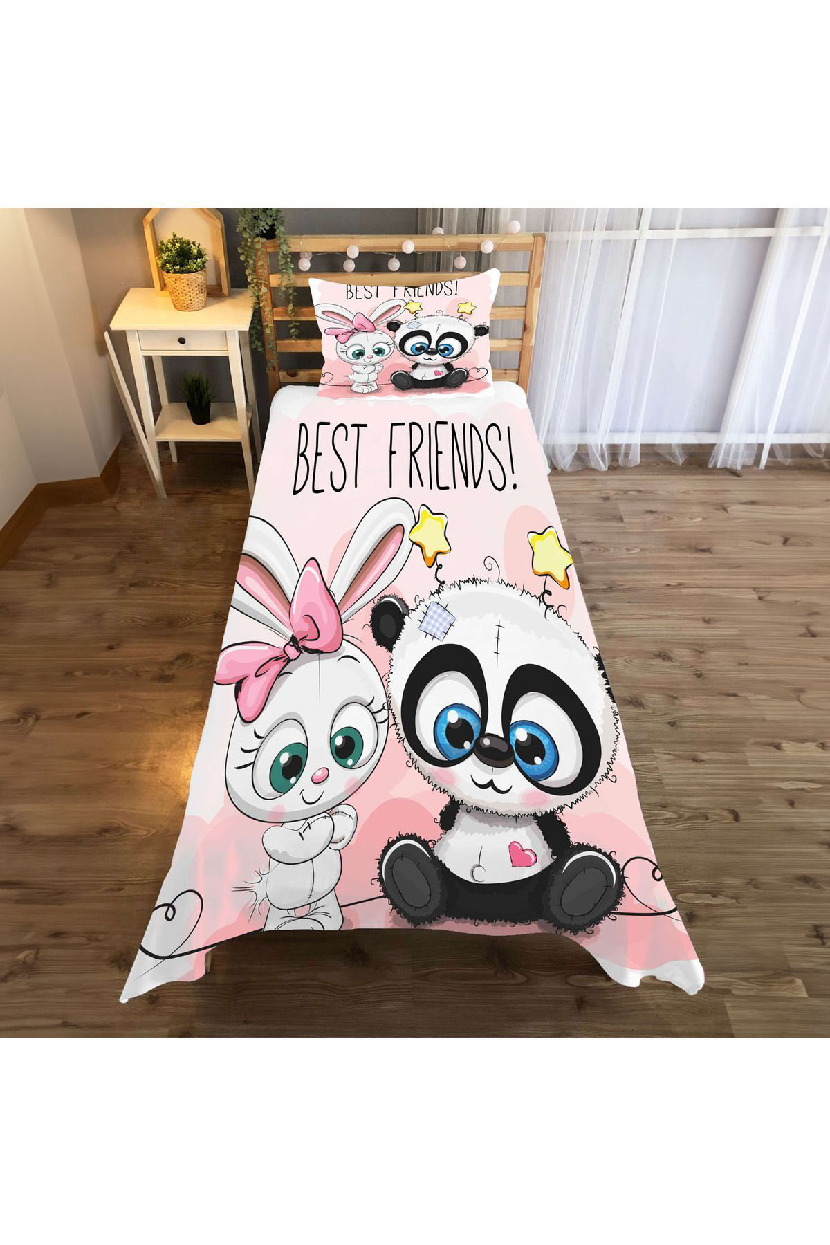 Evan Home Best Friends Desenli Çocuk Odası Takım Perde (İki Kanat),Yatak Örtüsü,Yastık,Kırlent ,Halı,Tablo