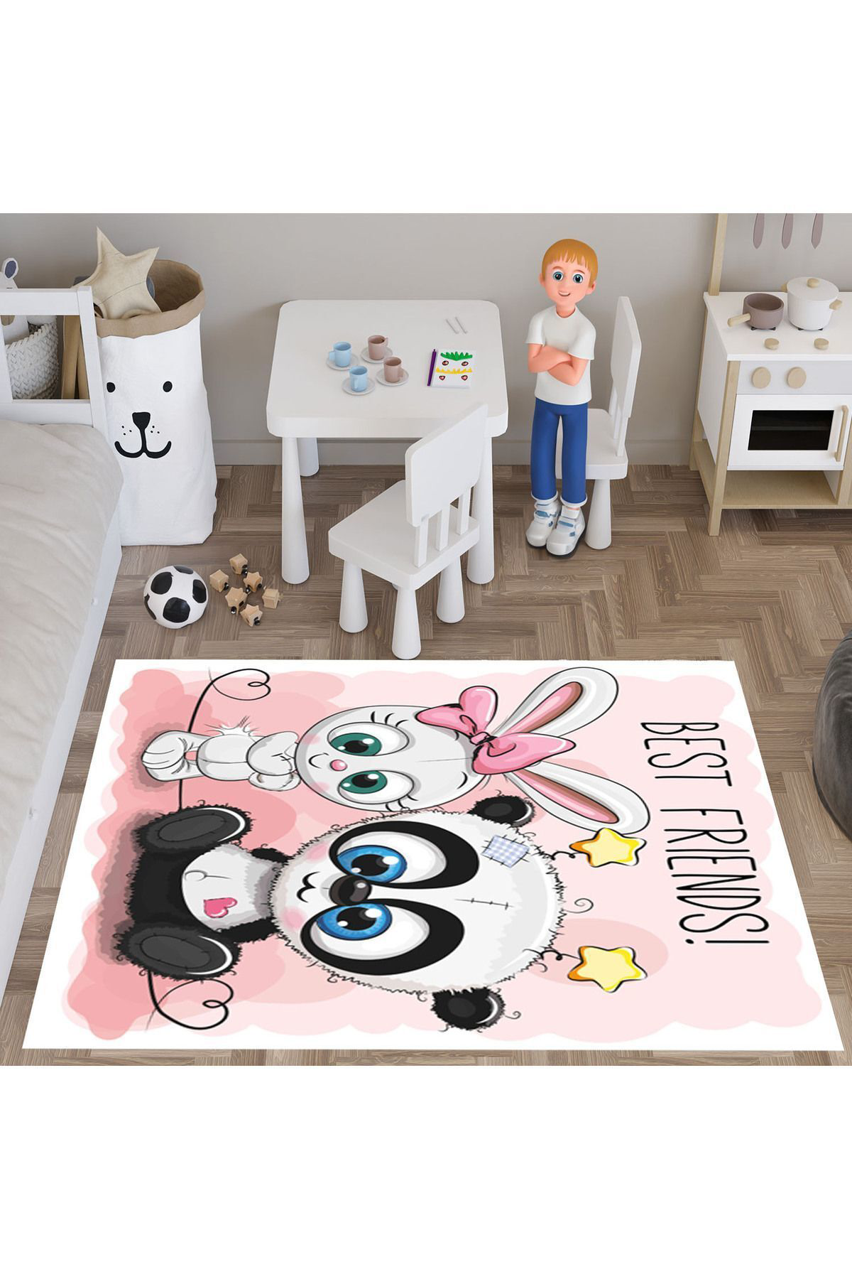 Evan Home Best Friends Desenli Çocuk Odası Takım Perde (İki Kanat),Yatak Örtüsü,Yastık,Kırlent ,Halı,Tablo