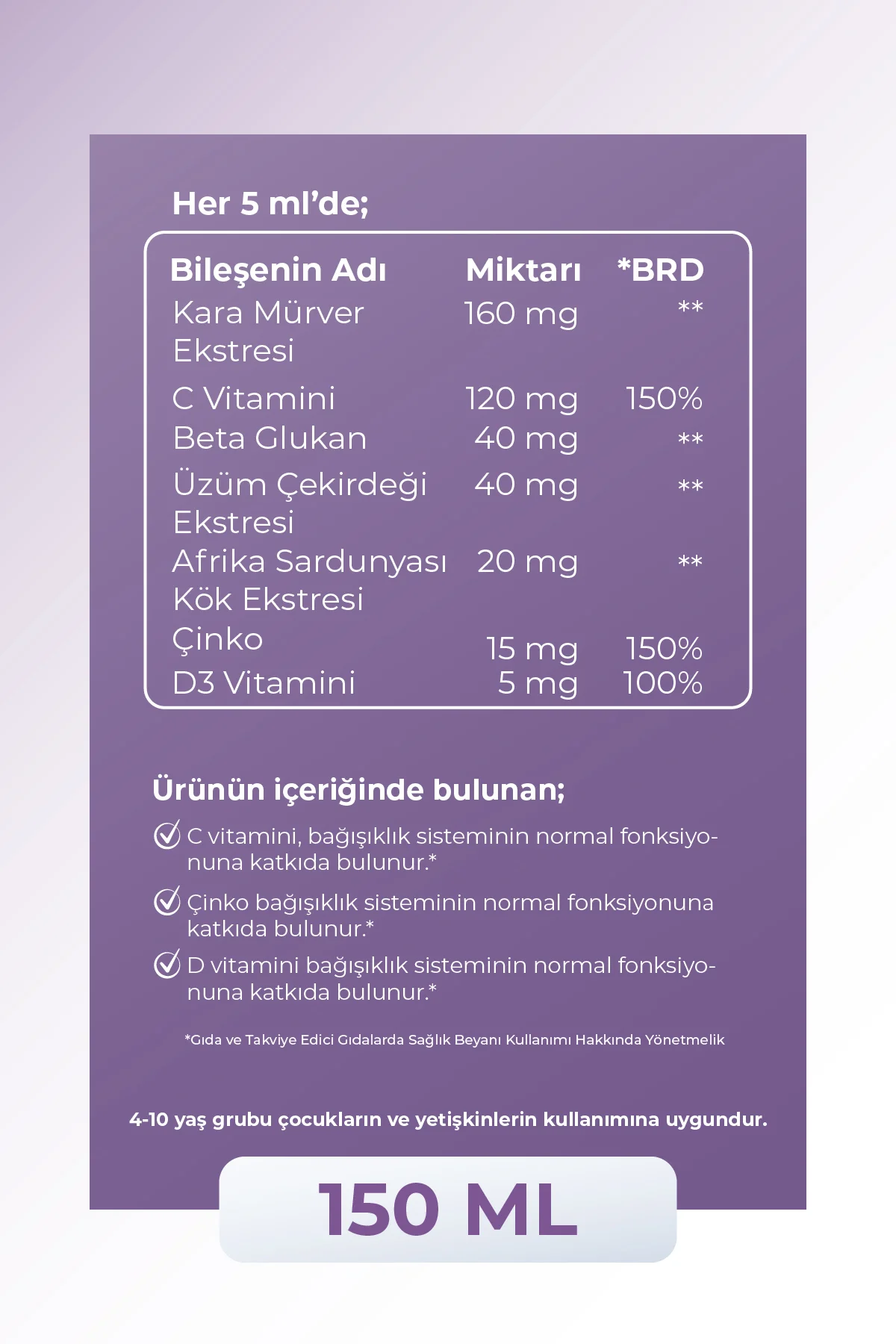 Beta Glukan 1,3/1,6 Kara Mürver, Vitamin C, Çinko Şurup 150 ml Fiyatı, Yorumları ve Özellikleri