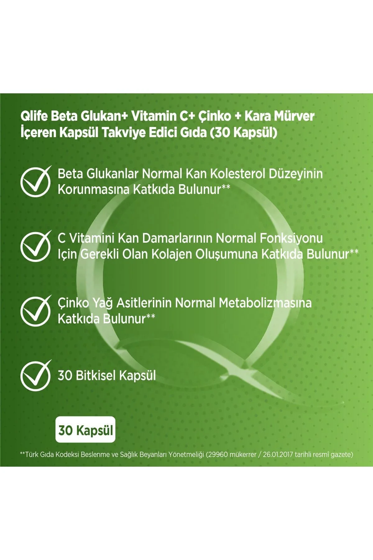 Beta Glukan - C Vitamini ve Çinko ve Kara Mürver 30 Kapsül