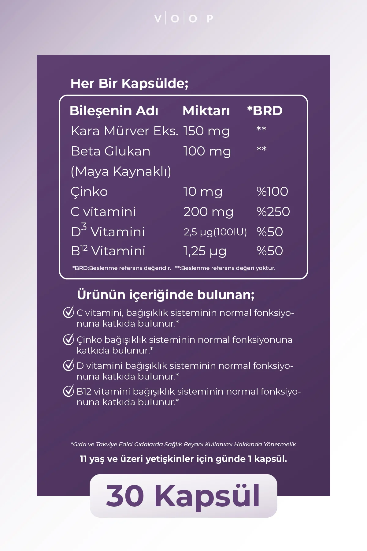 Beta Glukan Kara Mürver, C Vitamini, Çinko Bitkisel Vegan 30 Kapsül