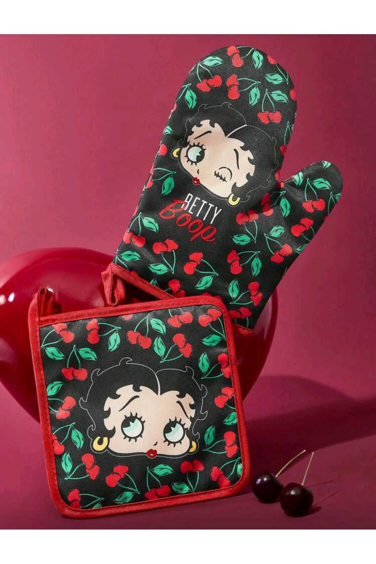Betty Boop Kirazlı Kırmızı 2 'li Mutfak Fırın Eldiveni Seti