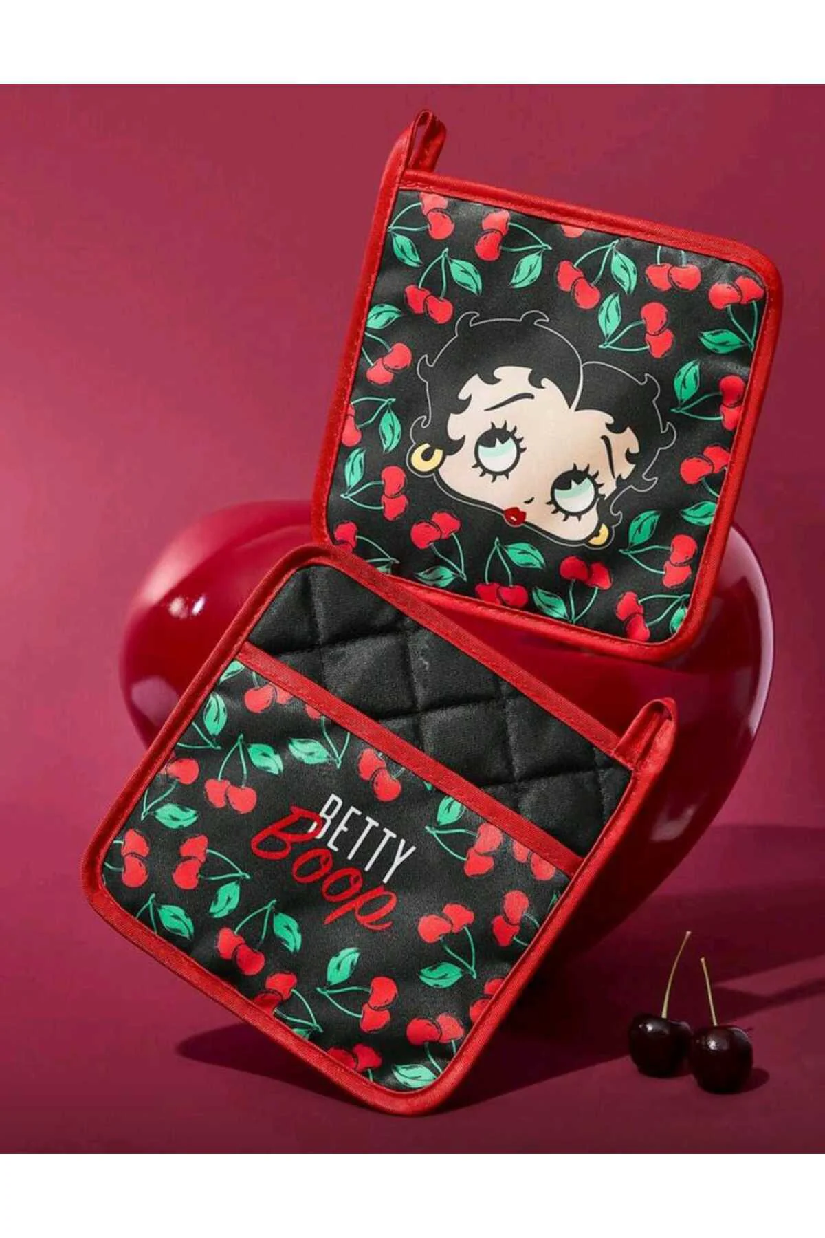 Betty Boop Kirazlı Kırmızı 2 'li Mutfak Fırın Eldiveni Seti