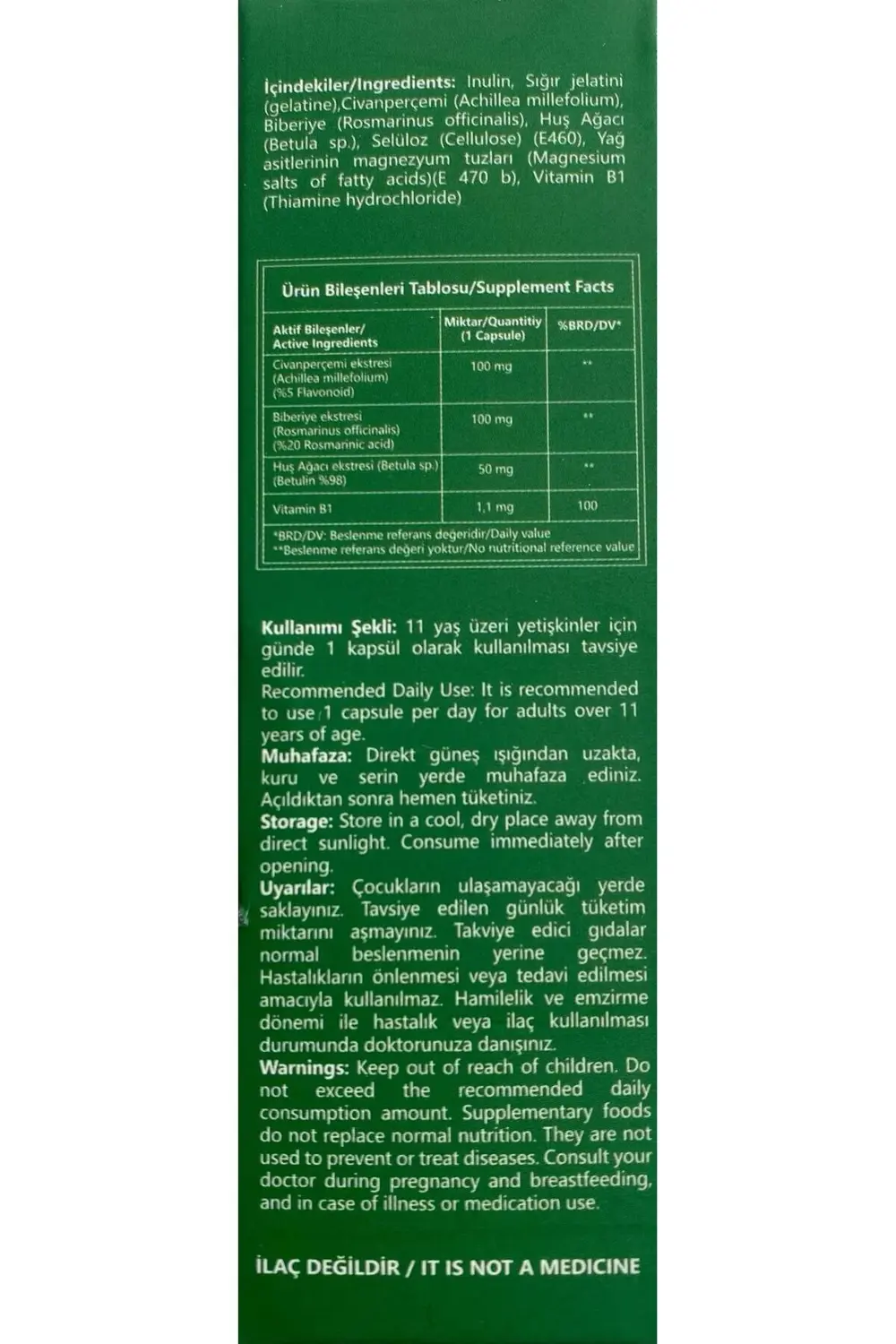 Betula Huş Ağacı Özü Betulin Civan Perçemi Biberiye B1 Vitamini 30 Kapsül Betula Huş Ağacı Özü Betulin Civan Perçemi Biberiye B1 Vitamini 30 Kapsül