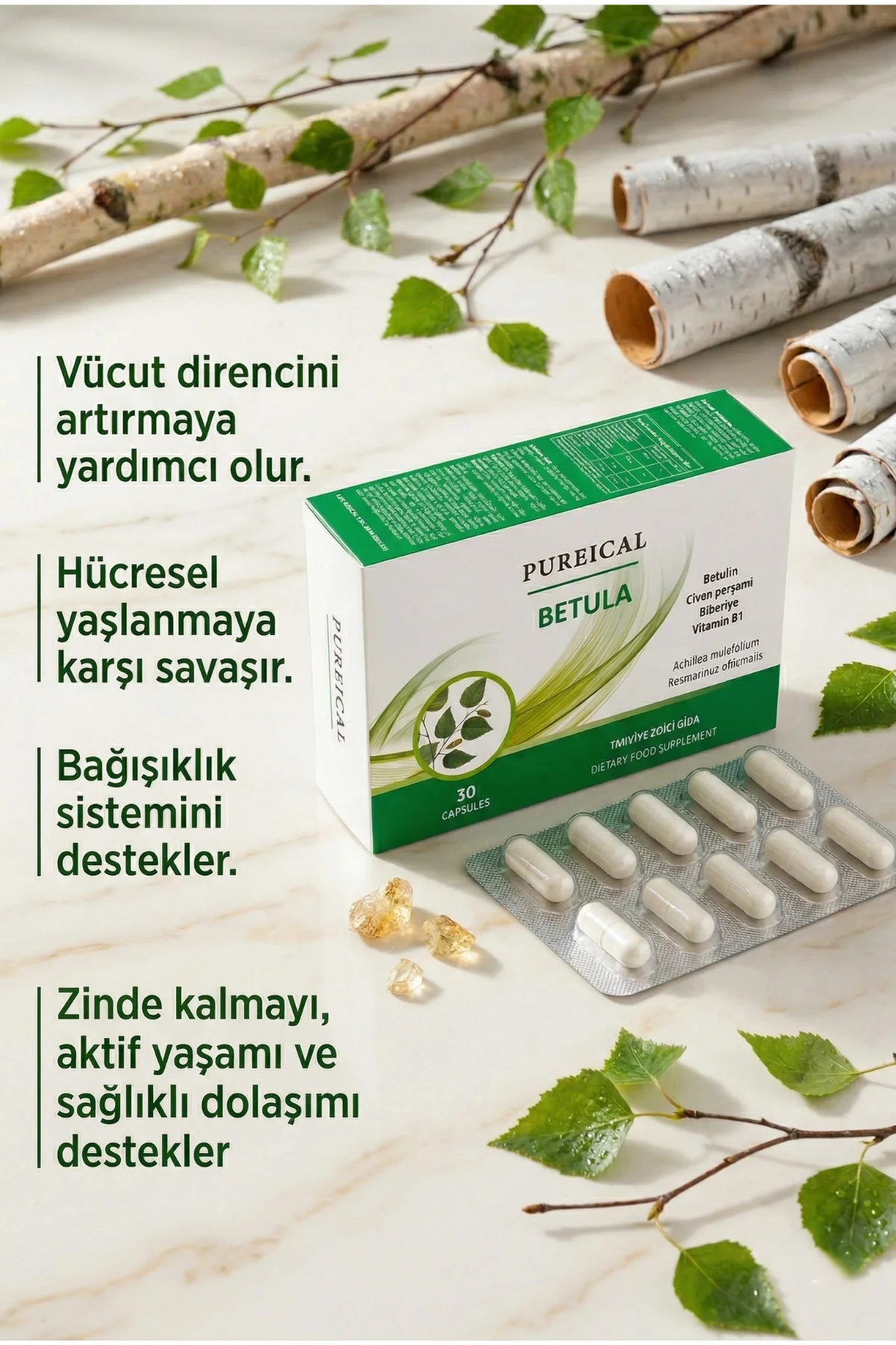 Betula Huş Ağacı Özü Betulin Civan Perçemi Biberiye B1 Vitamini 3