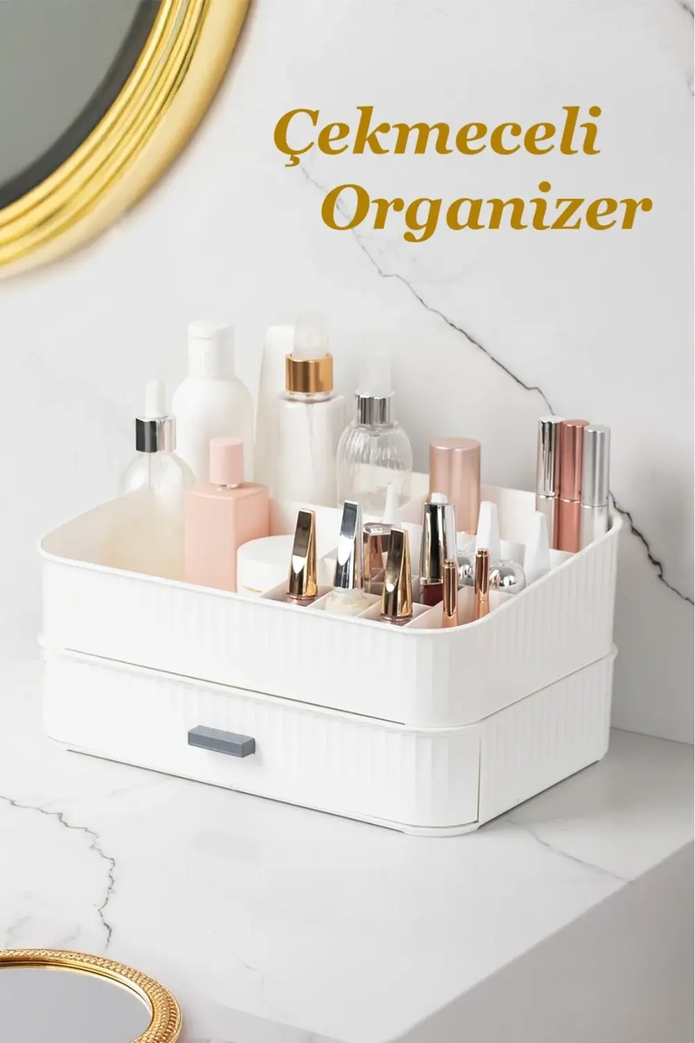Beyaz 2 katlı makyaj ve takı organizeri, şık ve fonksiyonel düzen