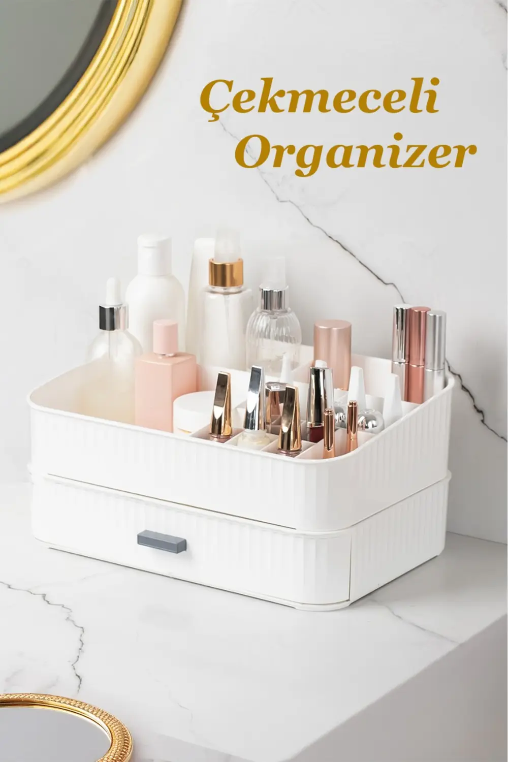 Beyaz 2 katlı makyaj ve takı organizeri, şık ve fonksiyonel düzen