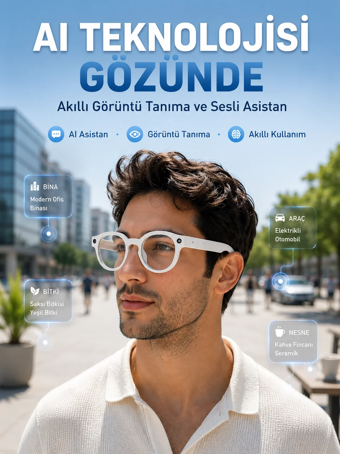 Beyaz 3 Lensli Akıllı Kamera Gözlüğü Yapay Zeka Sesli Asistan Görüntü Tanıma Bluetooth Görüşme ve Müzik Özellikli Fiyatı, Yorumları ve Özellikleri