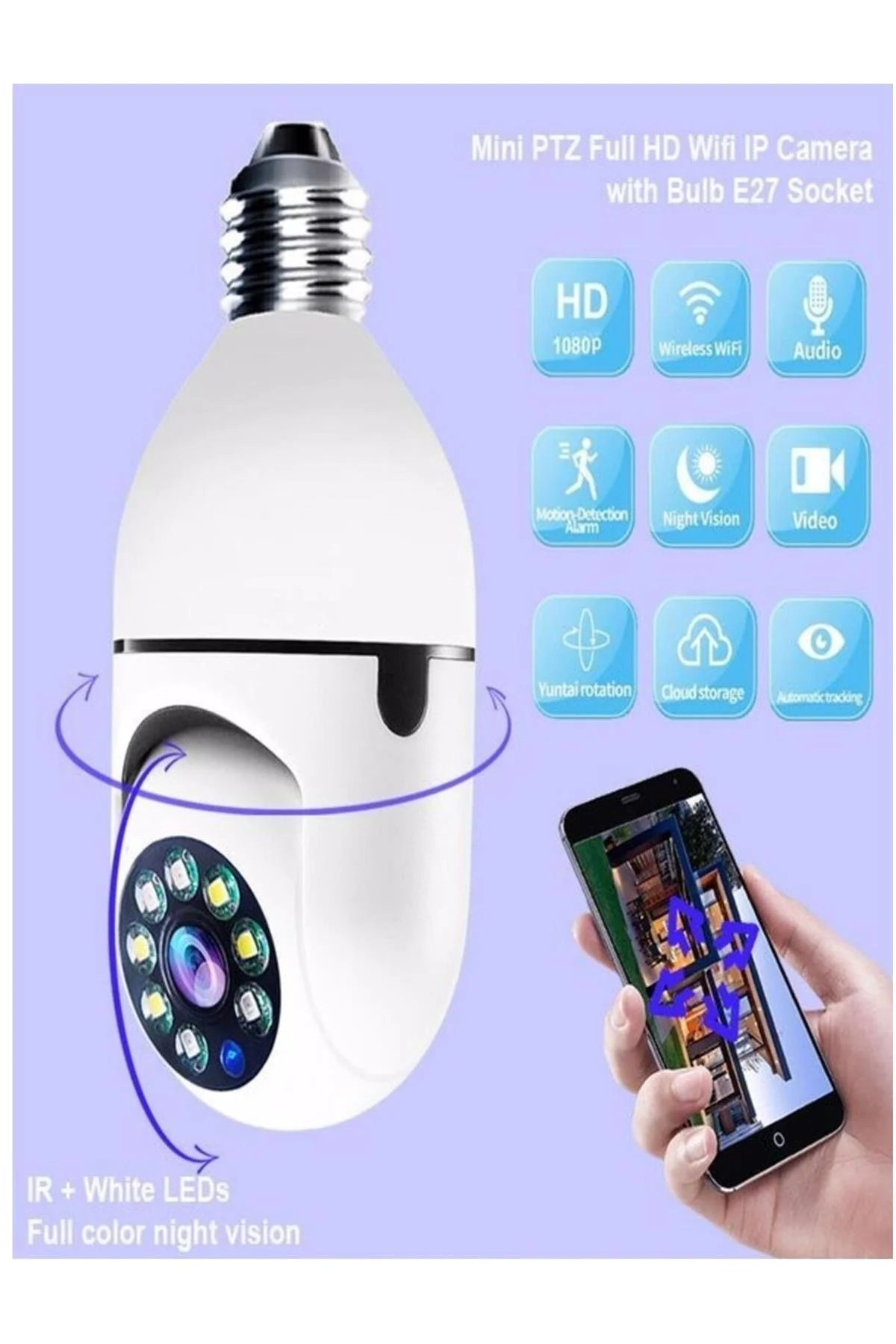Beyaz 360 derece dönebilen gece görüşlü kablosuz wifi IP kamera HD kayıt SD kart destekli