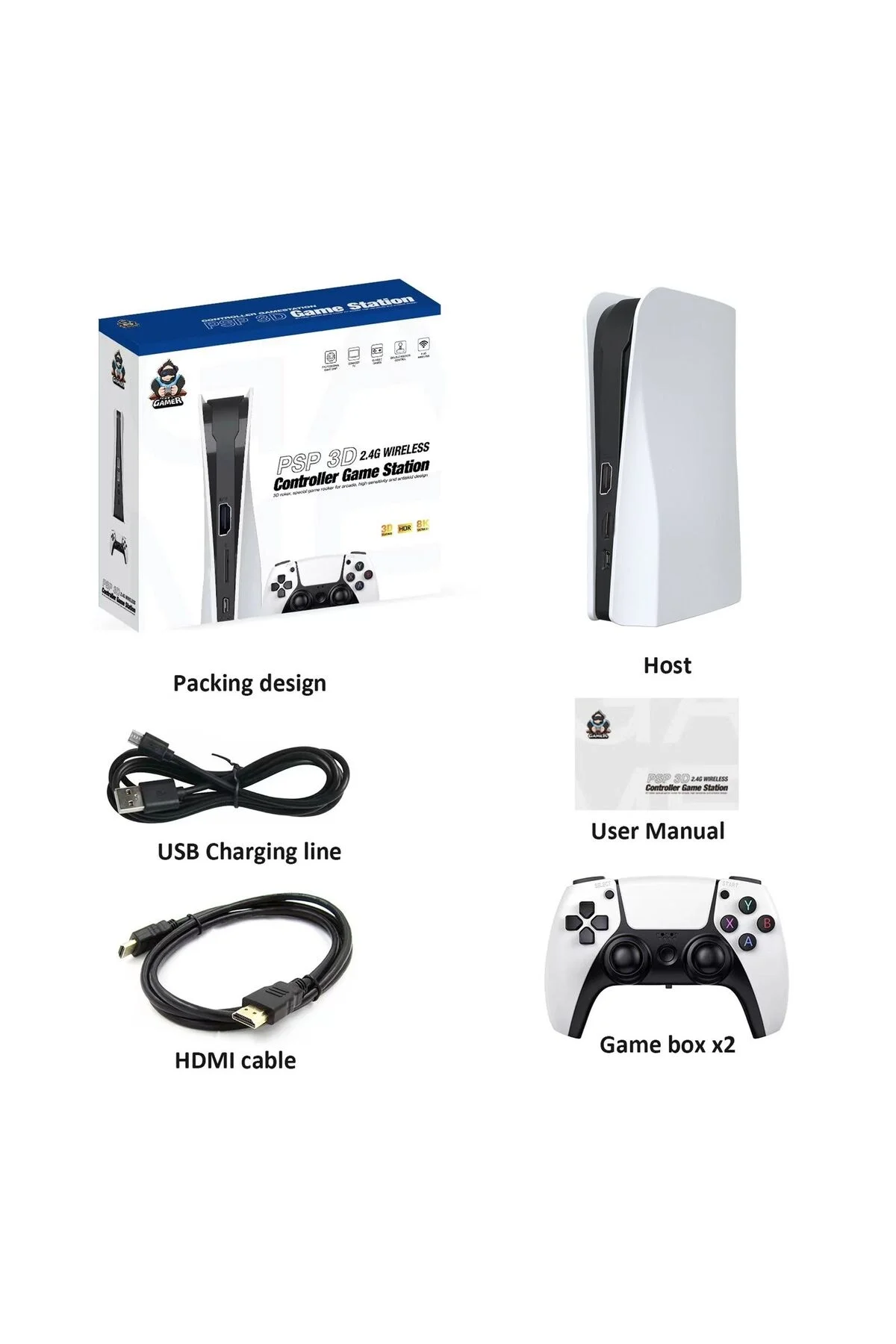 Beyaz 4K UHD retro joystickli çift kişilik oyun konsolu 128GB PS1 PES GTA destekli