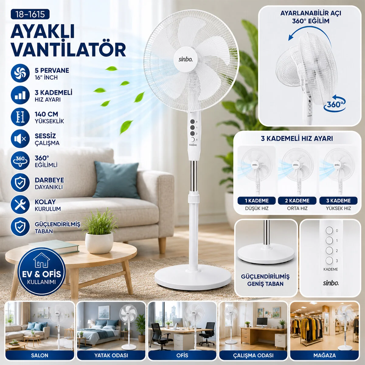 Beyaz 5 Pervane - 16 Inc Ev - Ofis Kompakt - Sessiz - Üç Kademe 140CM Yükseklik Ayaklı Vantilatör SF-6789 Fiyatı, Yorumları ve Özellikleri