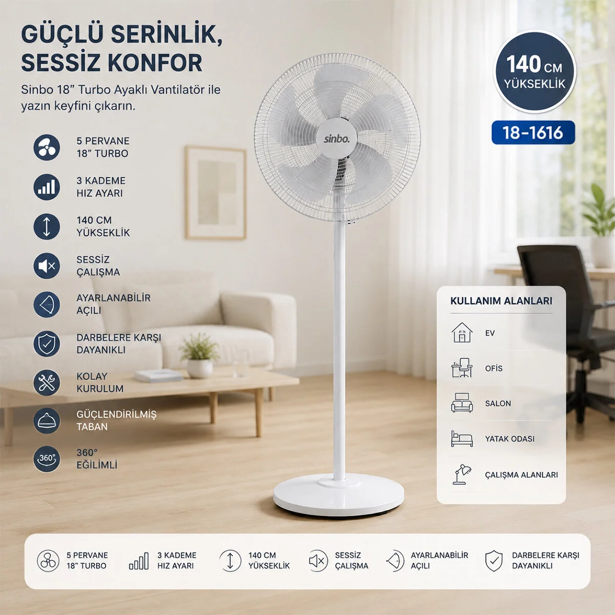 Beyaz 5 Pervane - 18 Inc Ev - Ofis Kompakt - Sessiz - Üç Kademe 140CM Yükseklik Ayaklı Vantilatör SF-6798 Fiyatı, Yorumları ve Özellikleri