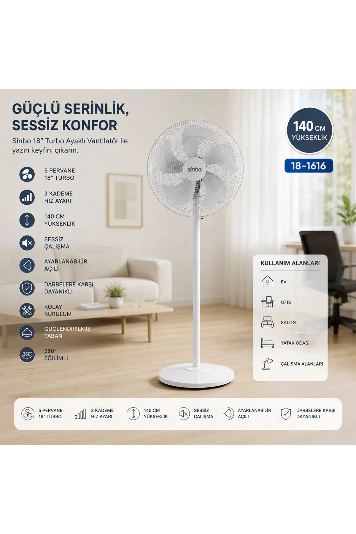 Beyaz 5 Pervane - 18 Inc Ev - Ofis Kompakt - Sessiz - Üç Kademe 140CM Yükseklik Ayaklı Vantilatör SF
