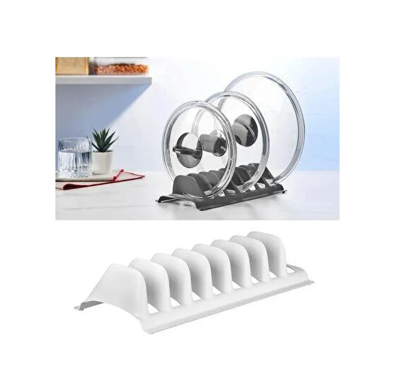 Beyaz - 8 Bölmeli Tencere Kapak Rafı - Simple Tabaklık - Kapak Or