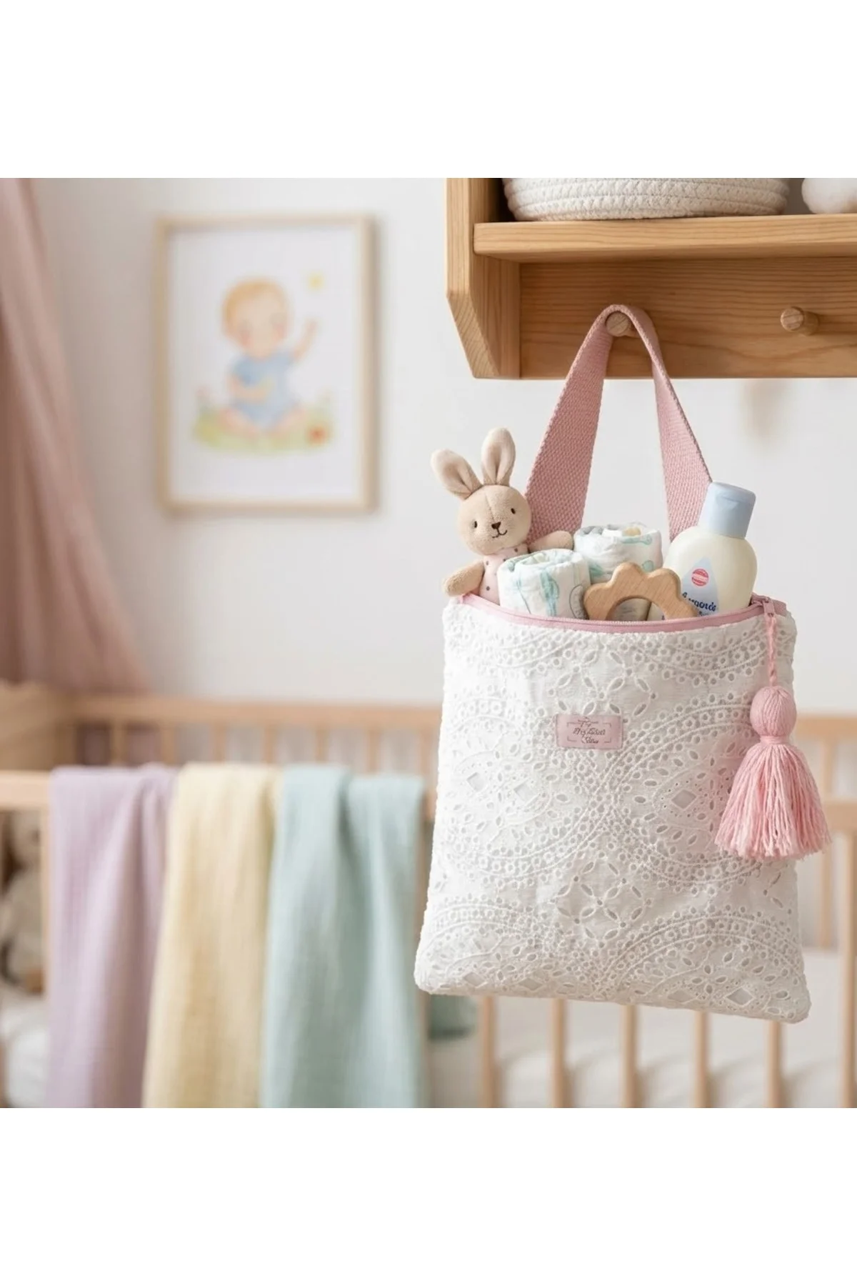 Beyaz Ajur Desenli Organizer Seyahat & Bebek Bakım Çantası